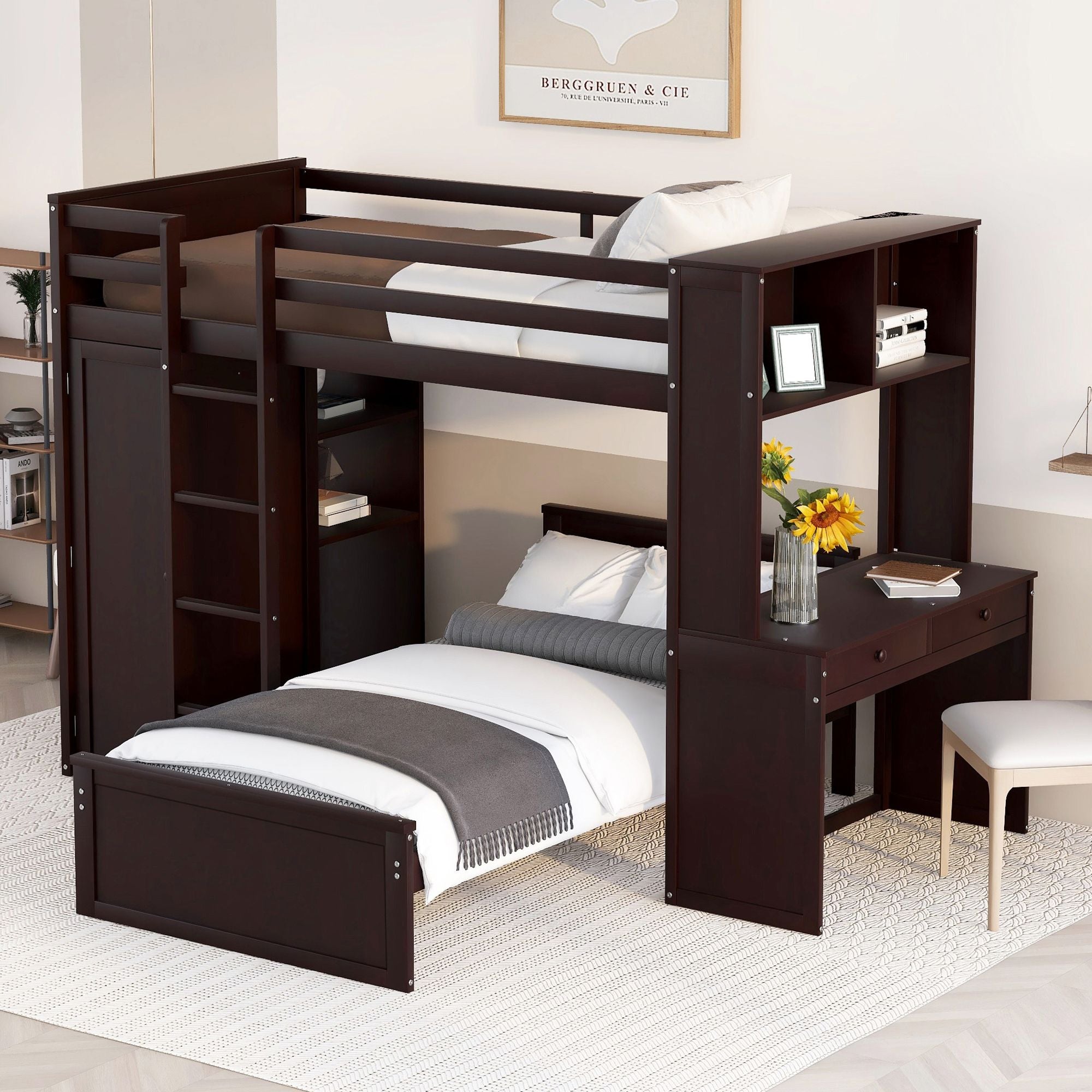 Twin size Loft Bed with a Stand-alone bed; Shelves; Desk; and Wardrobe