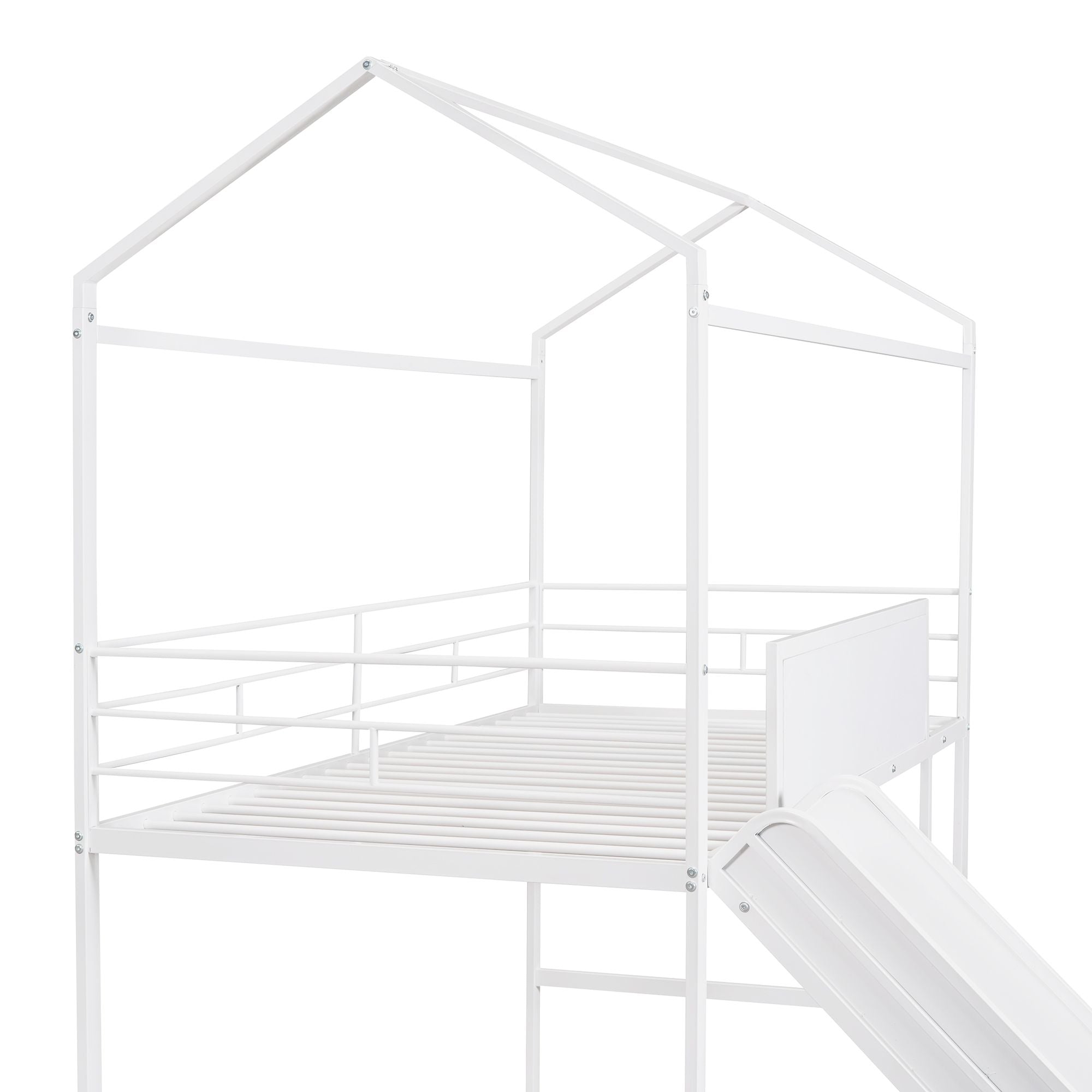 Metal House Bed With Slide; Twin Size Metal Loft Bed with Two-sided writable Wooden Board