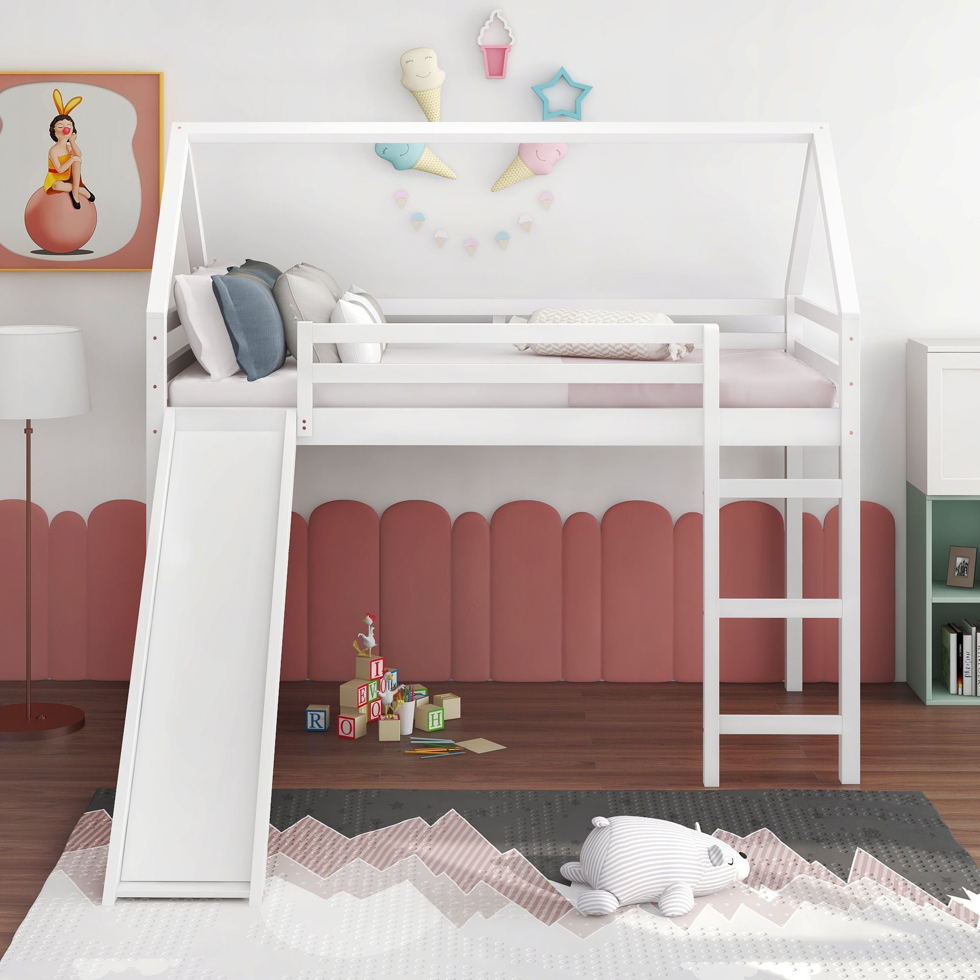 Twin Size Loft Bed with Slide; House Bed with Slide