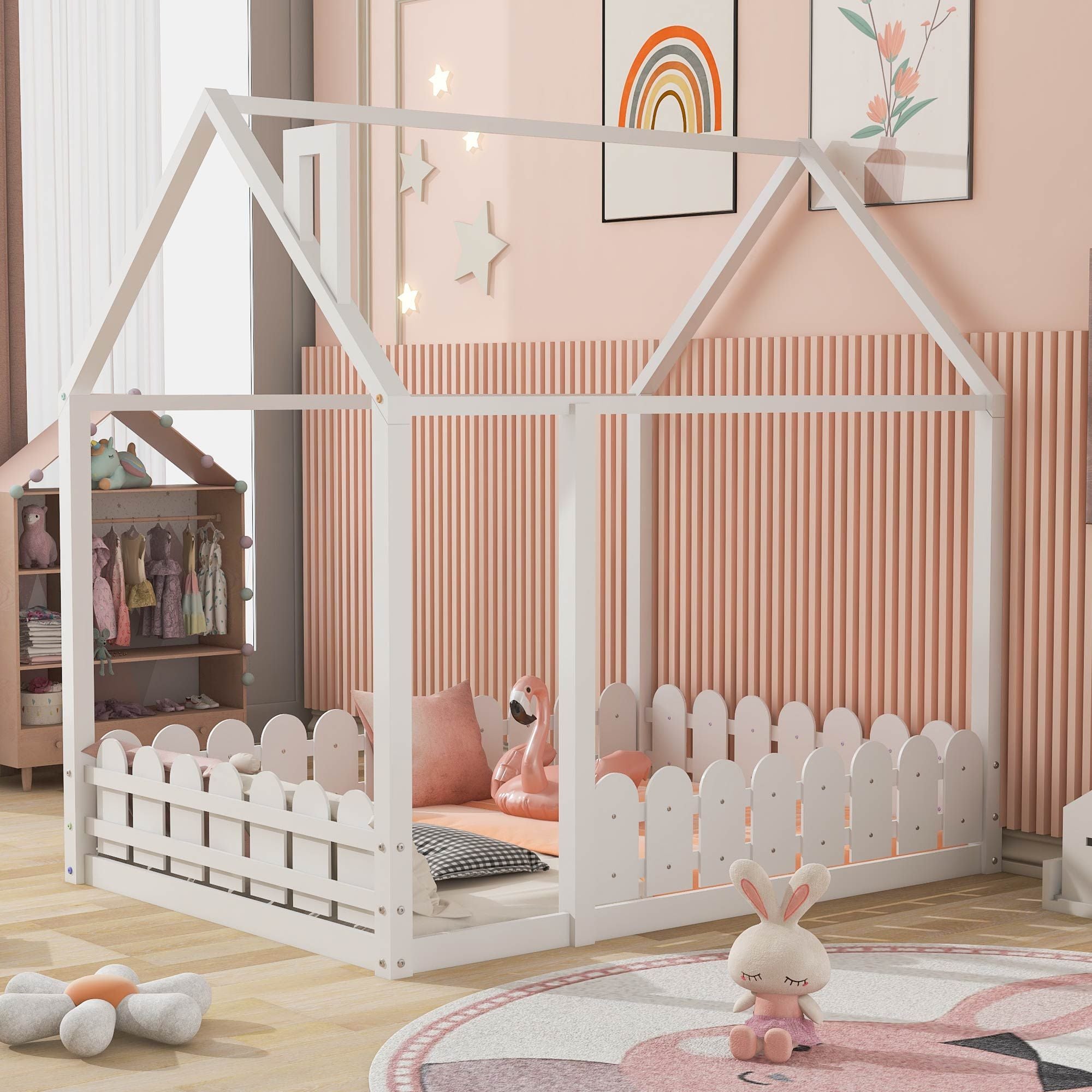 (Slats are not included) Full Size Wood Bed House Bed Frame with Fence; for Kids; Teens; Girls; Boys
