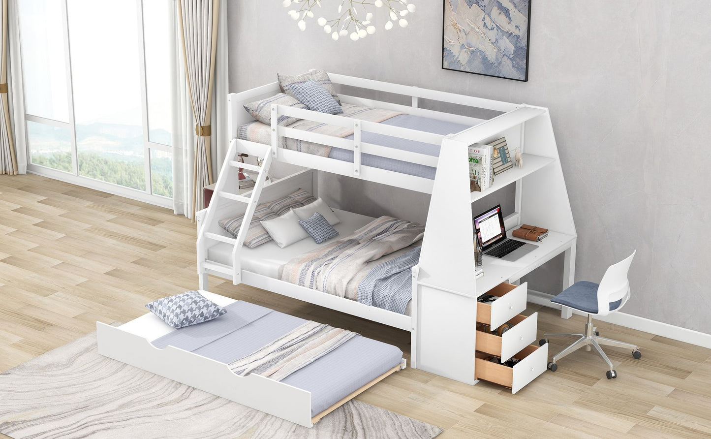 Twin over Full Bunk Bed with Trundle and Built-in Desk; Three Storage Drawers and Shelf