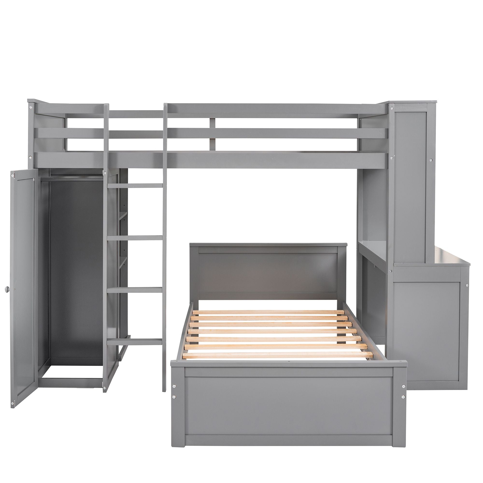 Twin size Loft Bed with a Stand-alone bed; Shelves; Desk; and Wardrobe