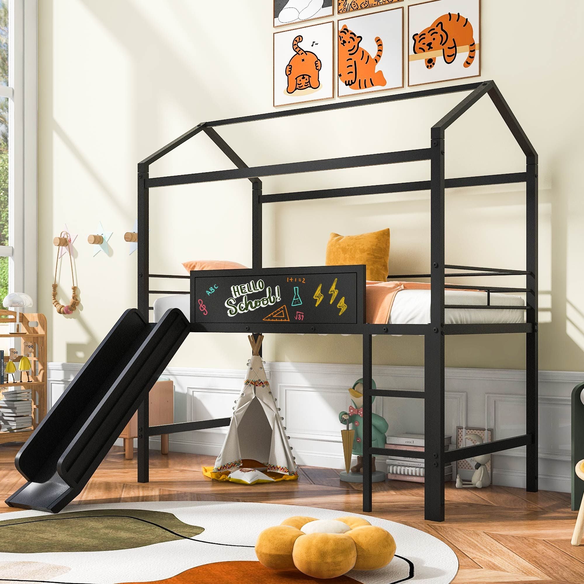 Metal House Bed With Slide; Twin Size Metal Loft Bed with Two-sided writable Wooden Board
