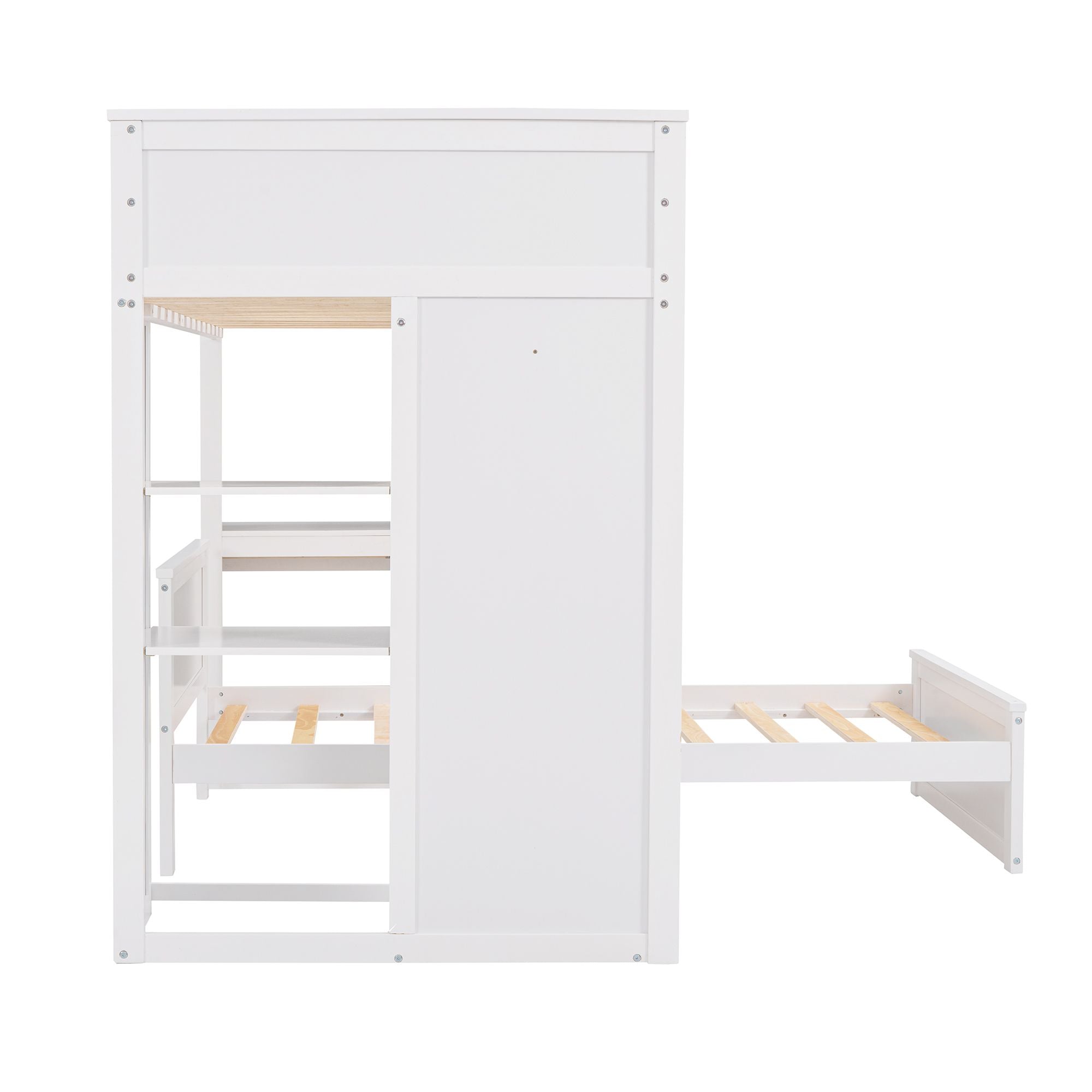 Twin size Loft Bed with a Stand-alone bed; Shelves; Desk; and Wardrobe