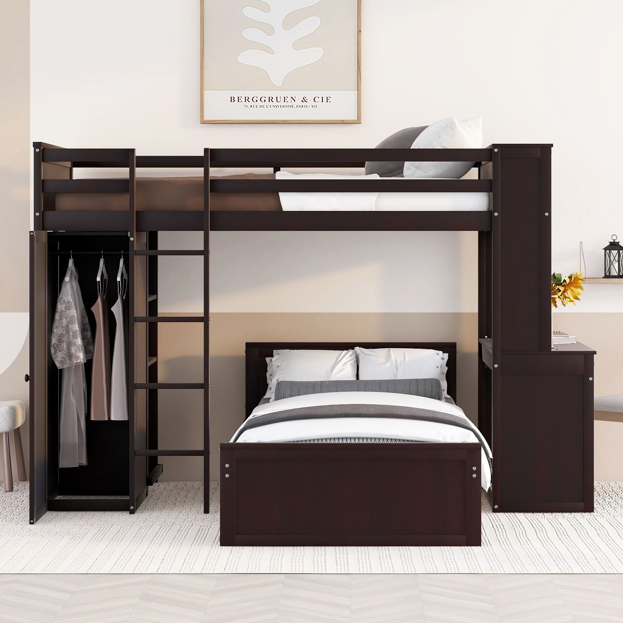 Twin size Loft Bed with a Stand-alone bed; Shelves; Desk; and Wardrobe