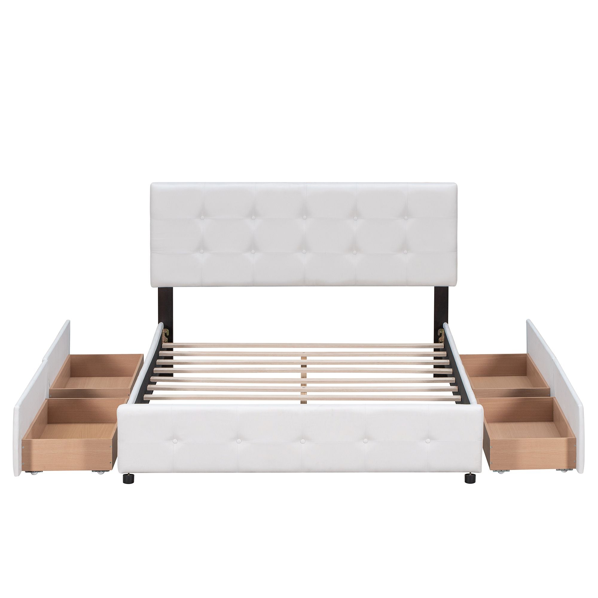 Upholstered Platform Bed with Classic Headboard and 4 Drawers; No Box Spring Needed; Linen Fabric; Queen Size