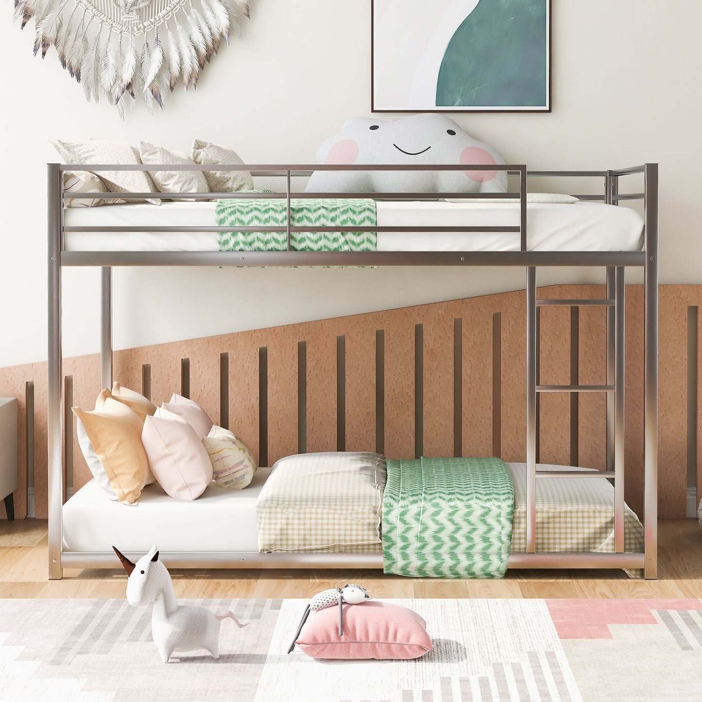Twin over Twin Metal Bunk Bed; Low Bunk Bed with Ladder