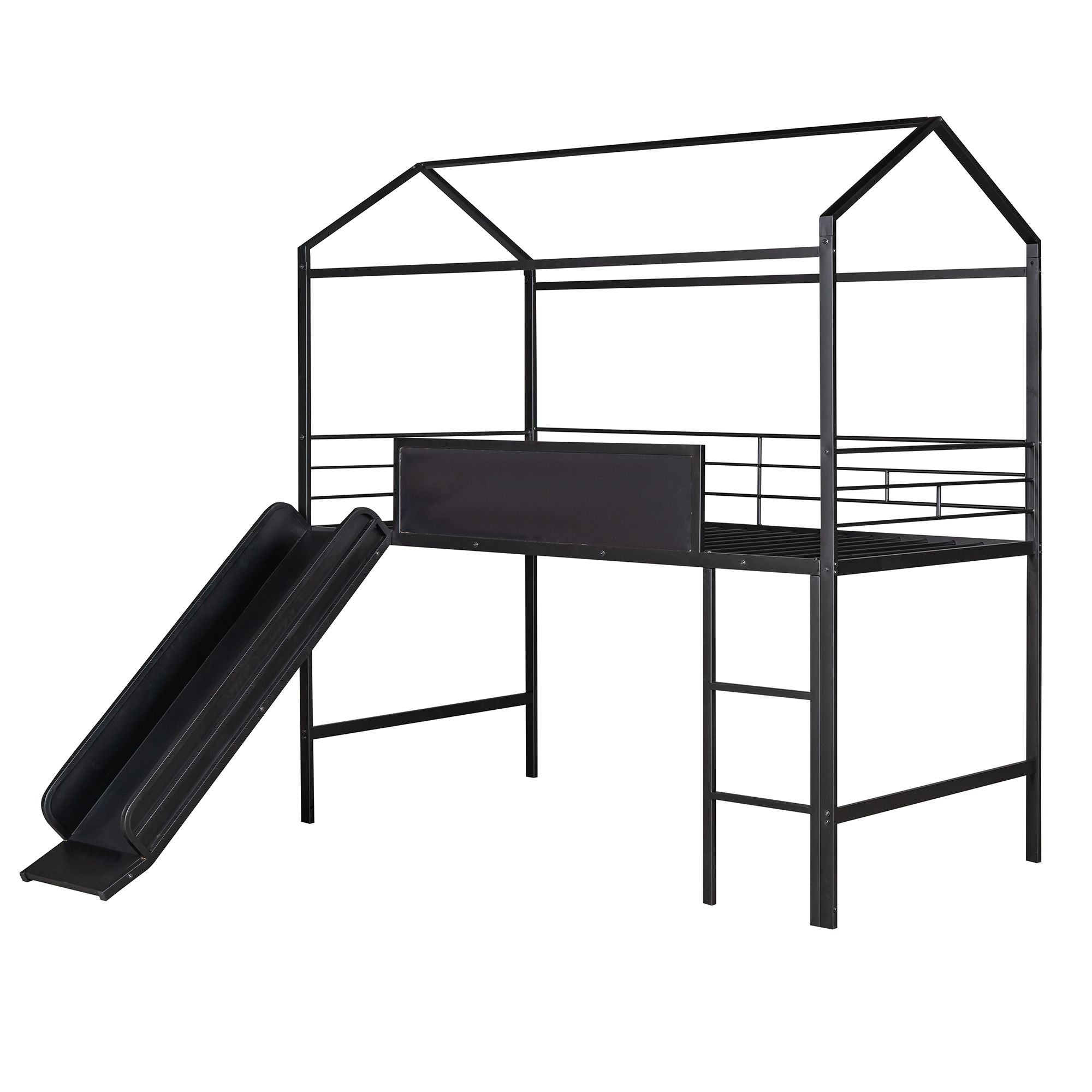 Metal House Bed With Slide; Twin Size Metal Loft Bed with Two-sided writable Wooden Board