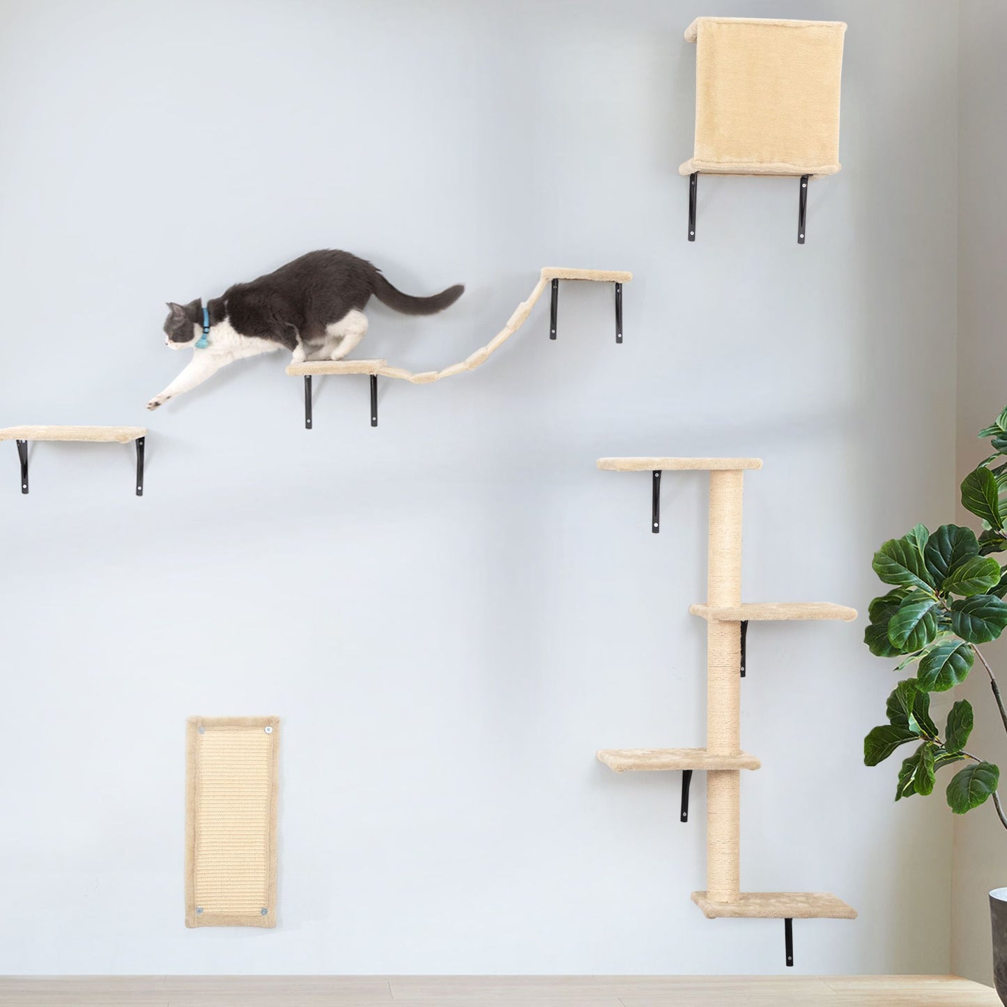 5 Pcs Wall Mounted Cat Climber Set; Floating Cat Shelves and Perches; Cat Activity Tree with Scratching Posts; Modern Cat Furniture