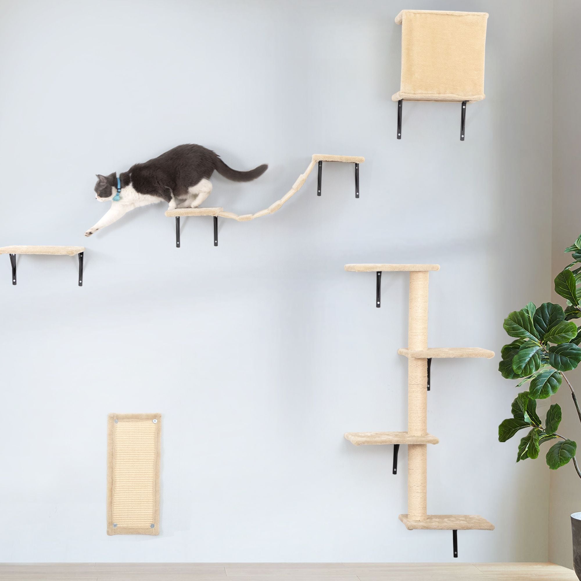 5 Pcs Wall Mounted Cat Climber Set; Floating Cat Shelves and Perches; Cat Activity Tree with Scratching Posts; Modern Cat Furniture