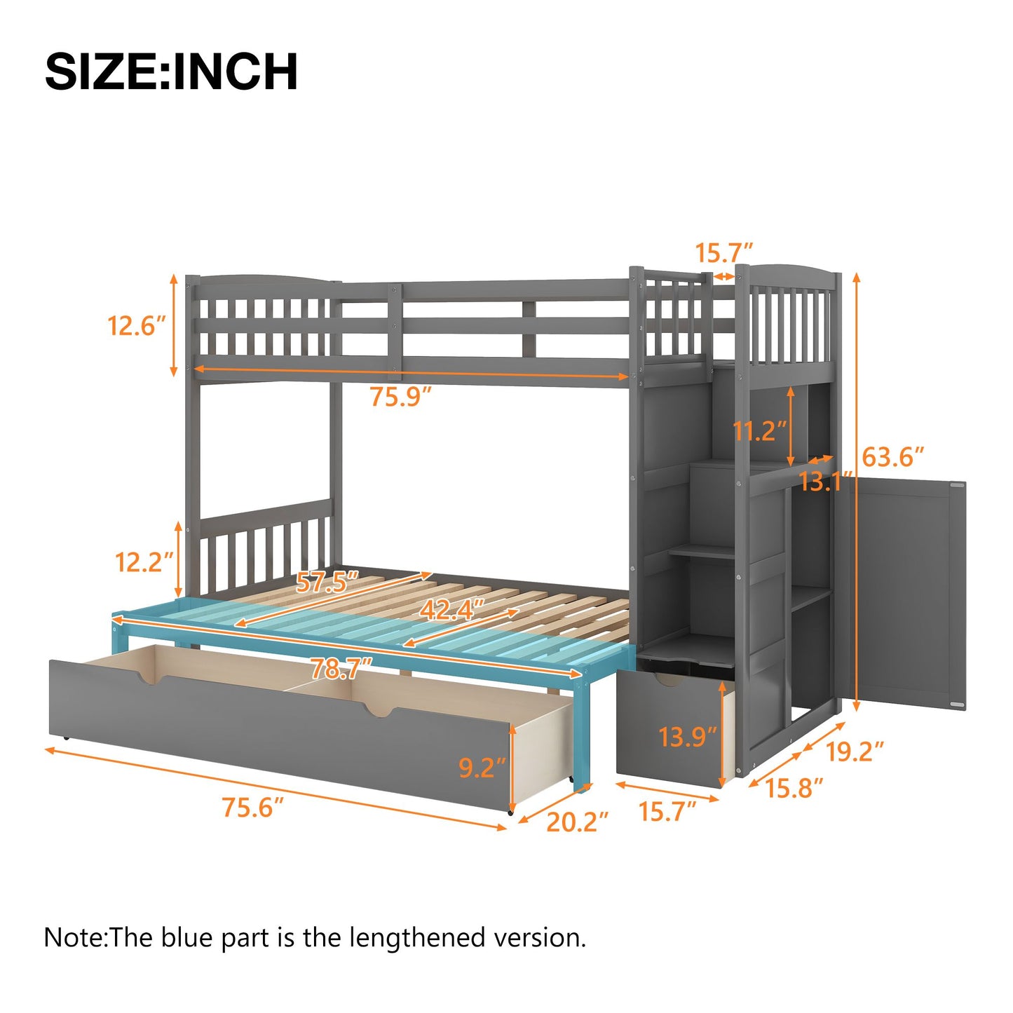 Twin over Full/Twin Bunk Bed; Convertible Bottom Bed; Storage Shelves and Drawers; Gray