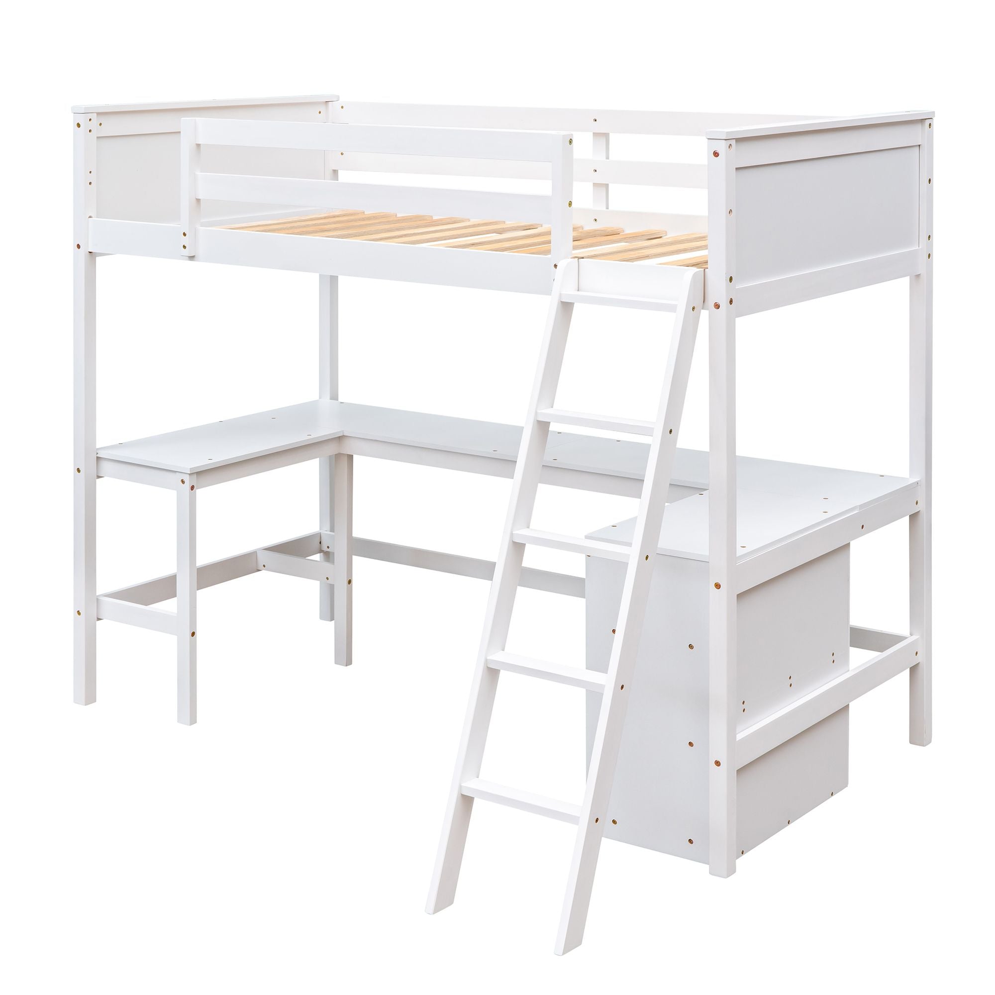 Twin size Loft Bed with Shelves and Desk; Wooden Loft Bed with Desk