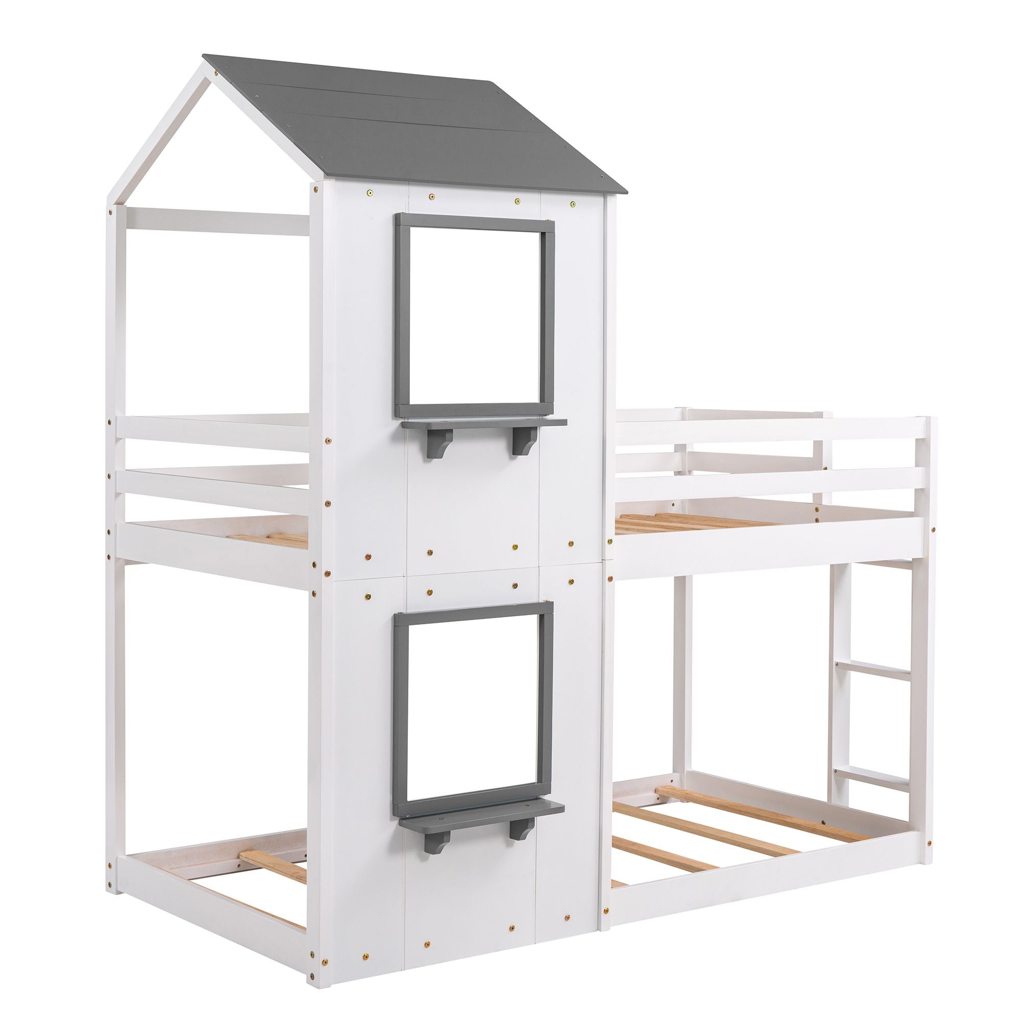 Twin Over Twin Bunk Bed Wood Bed with Roof; Window; Guardrail; Ladder