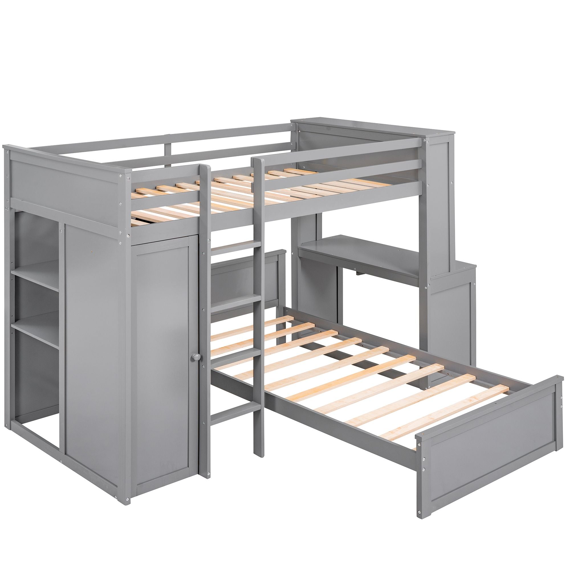 Twin size Loft Bed with a Stand-alone bed; Shelves; Desk; and Wardrobe
