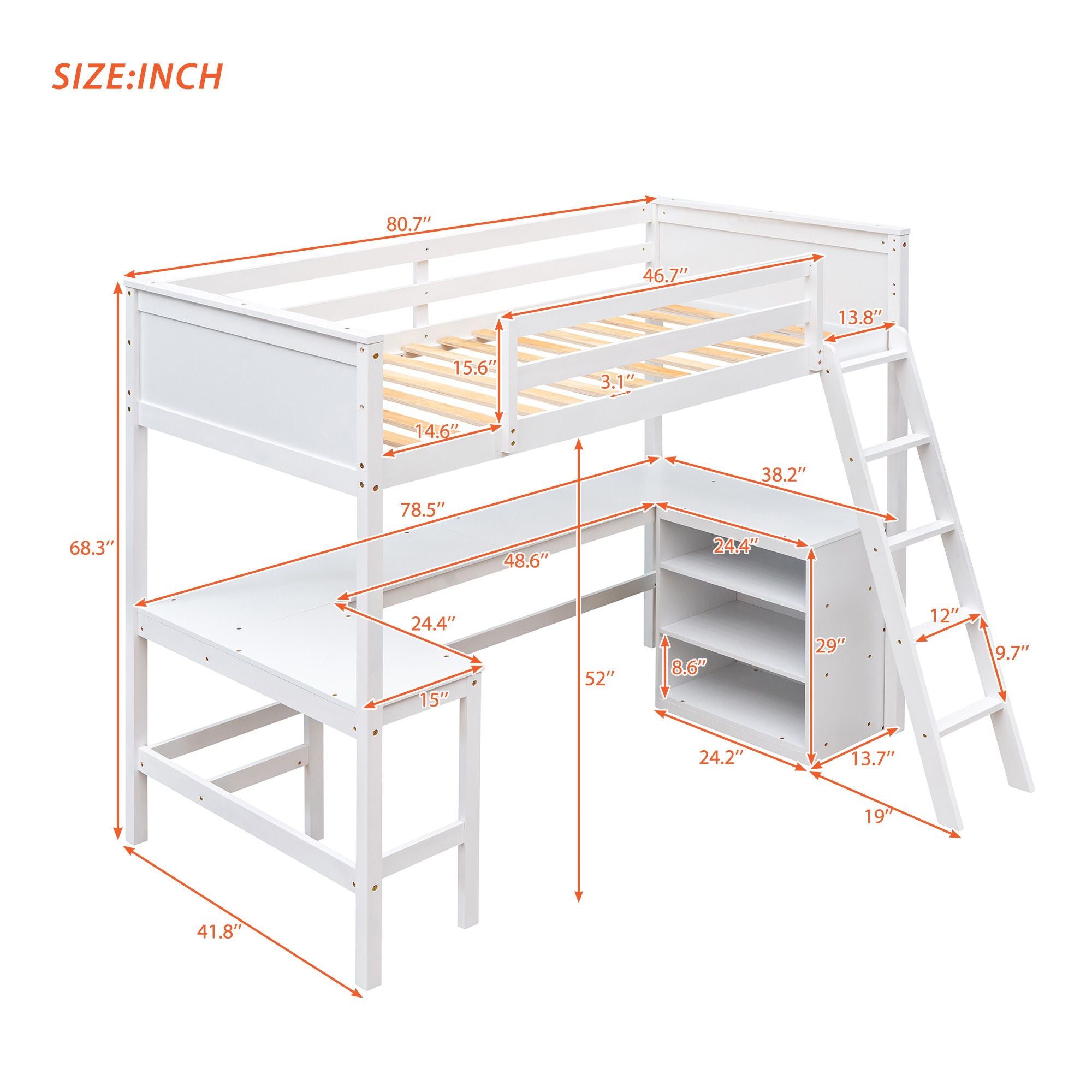 Twin size Loft Bed with Shelves and Desk; Wooden Loft Bed with Desk