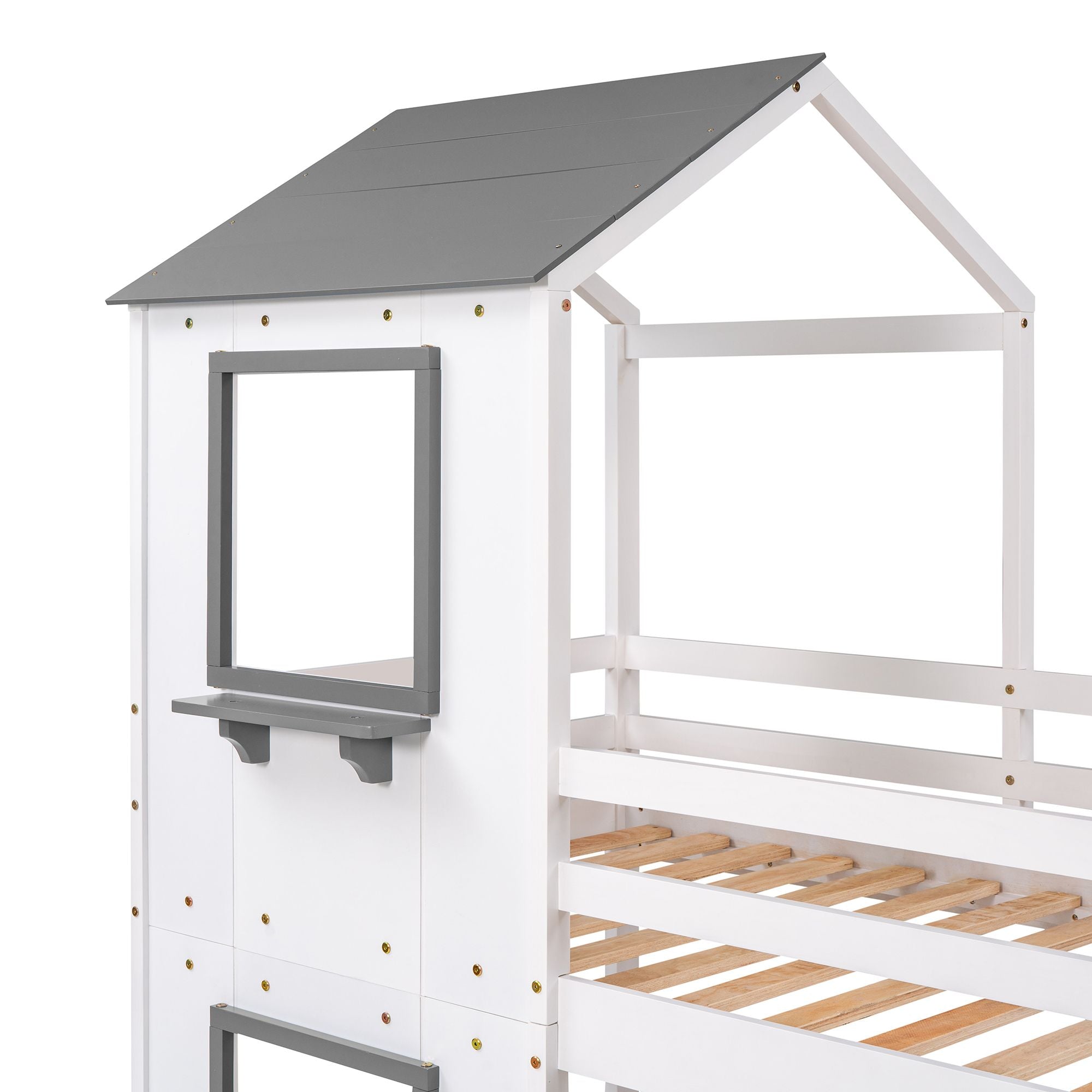 Twin Over Twin Bunk Bed Wood Bed with Roof; Window; Guardrail; Ladder