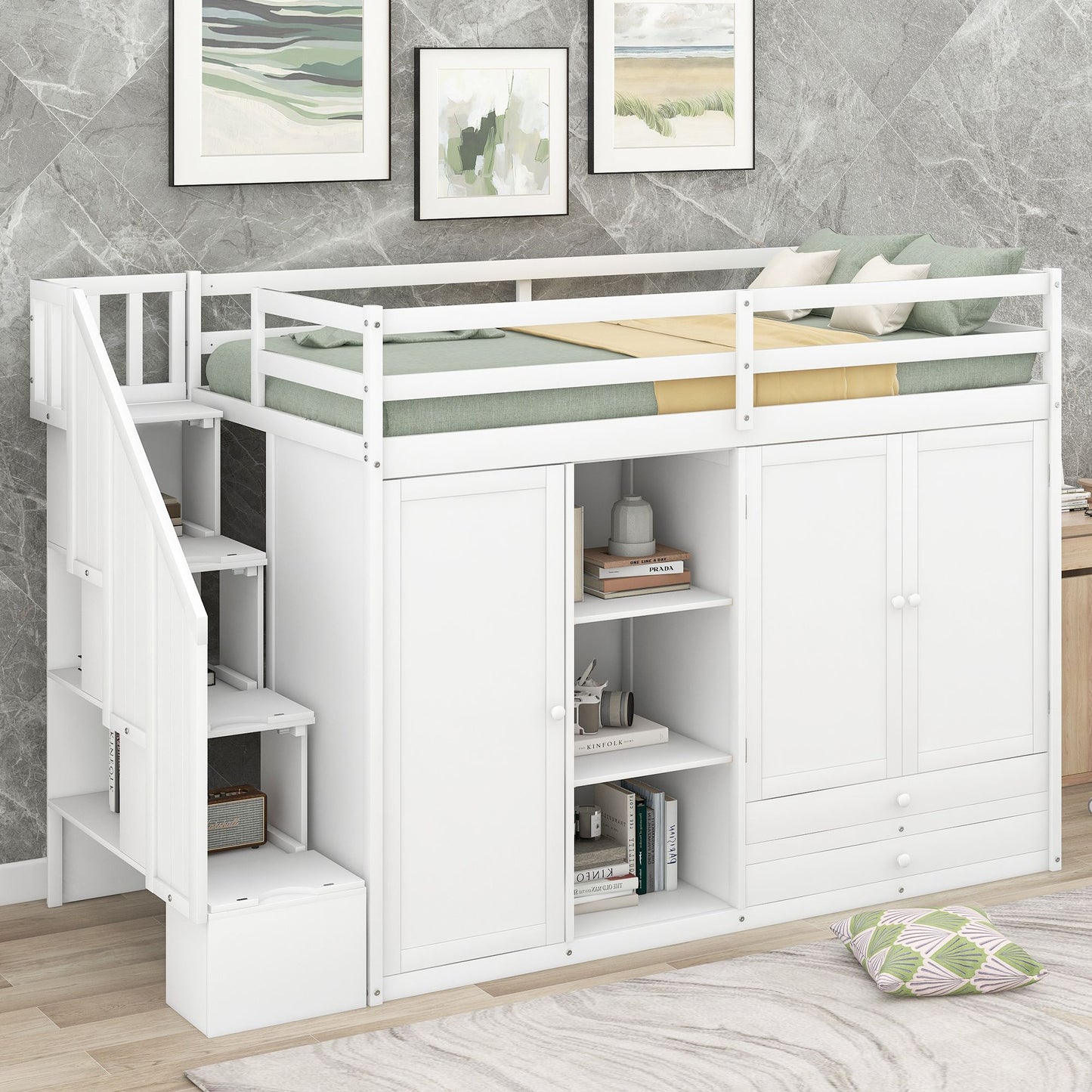 Functional Loft Bed with 3 Shelves; 2 Wardrobes and 2 Drawers; Ladder with Storage; No Box Spring Needed