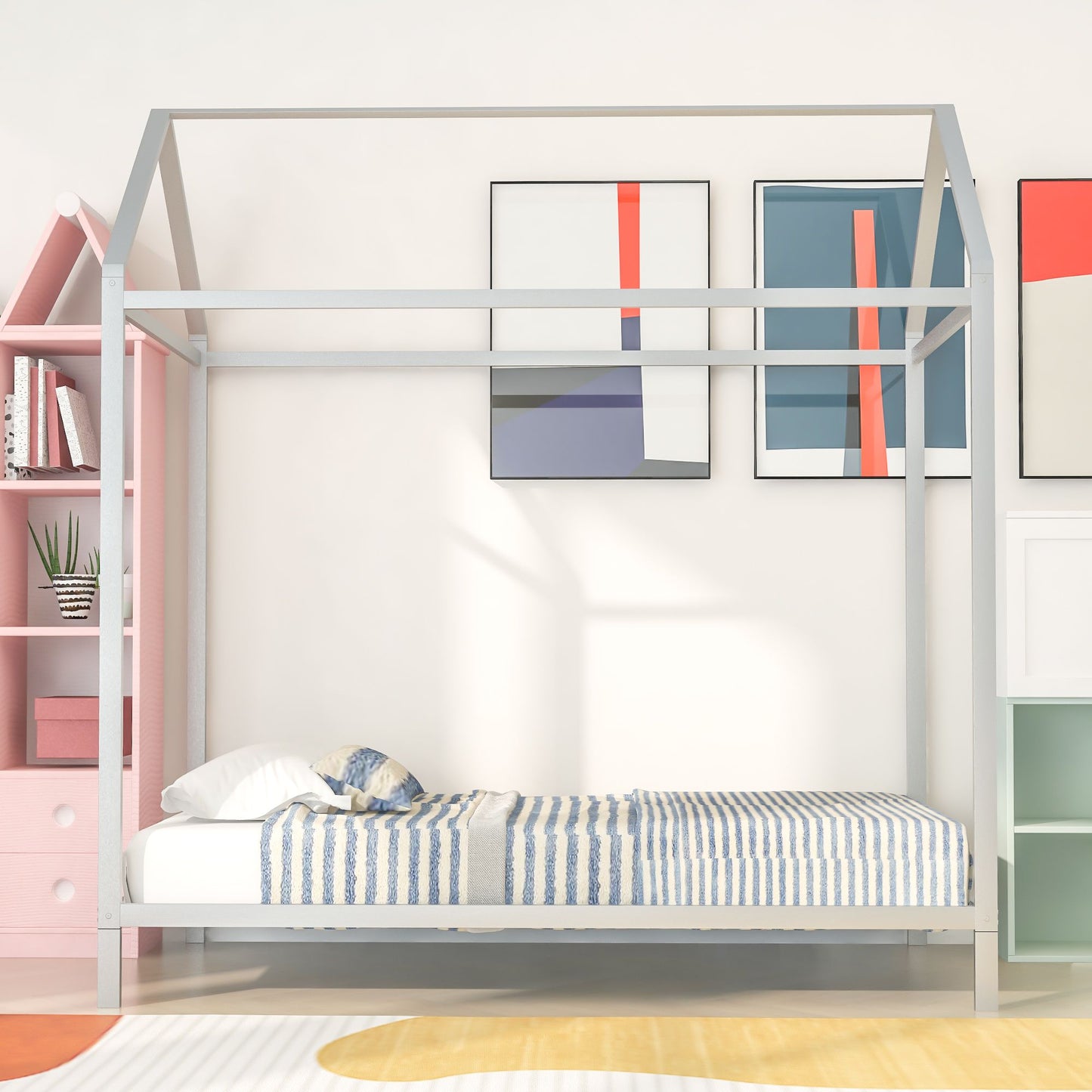 House Bed Frame Twin Size ; Kids Bed Frame Metal Platform Bed Floor Bed for Kids Boys Girls No Box Spring Needed