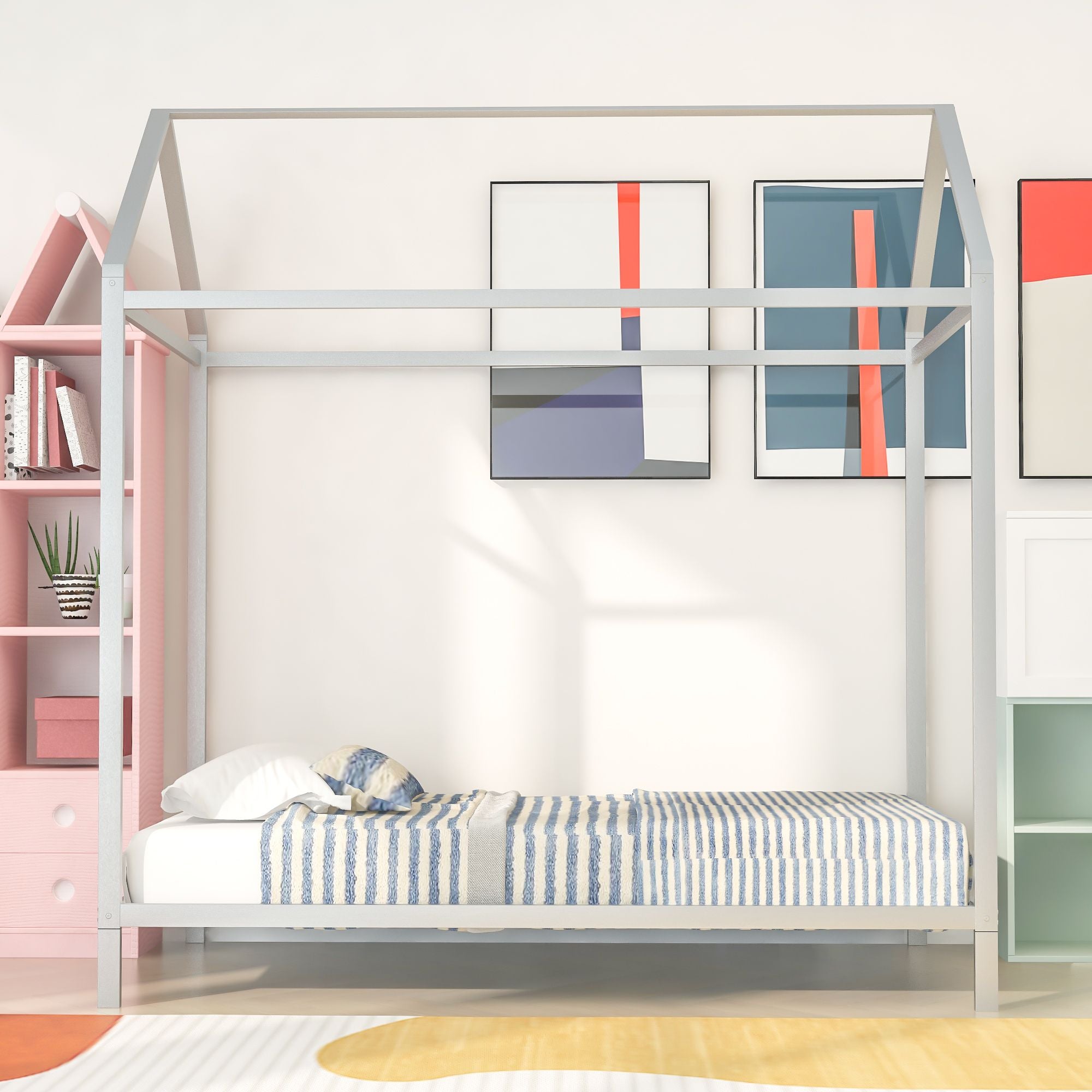 House Bed Frame Twin Size ; Kids Bed Frame Metal Platform Bed Floor Bed for Kids Boys Girls No Box Spring Needed