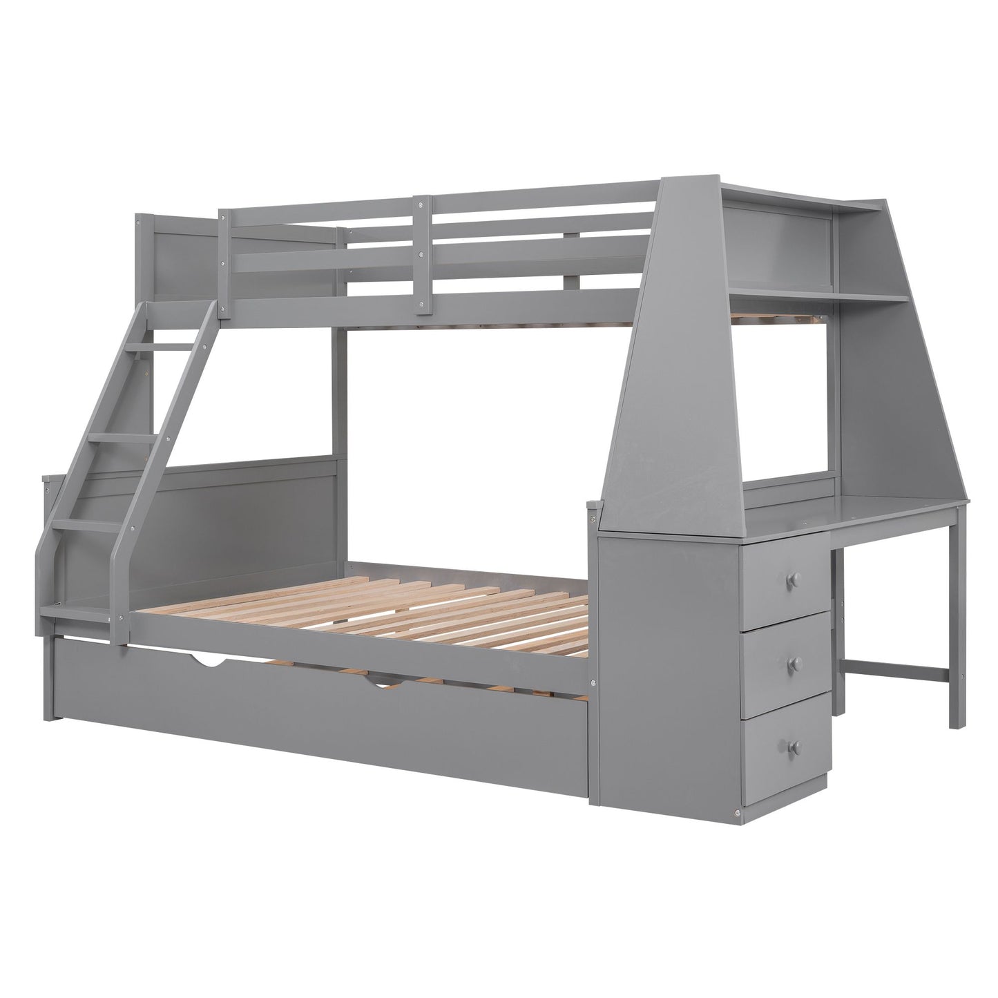 Twin over Full Bunk Bed with Trundle and Built-in Desk; Three Storage Drawers and Shelf
