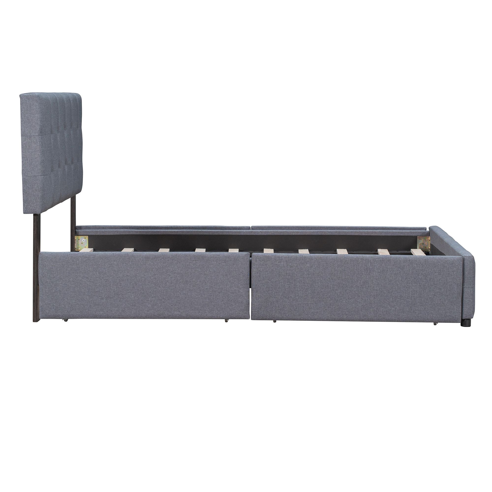 Upholstered Platform Bed with Classic Headboard and 4 Drawers; No Box Spring Needed; Linen Fabric; Queen Size
