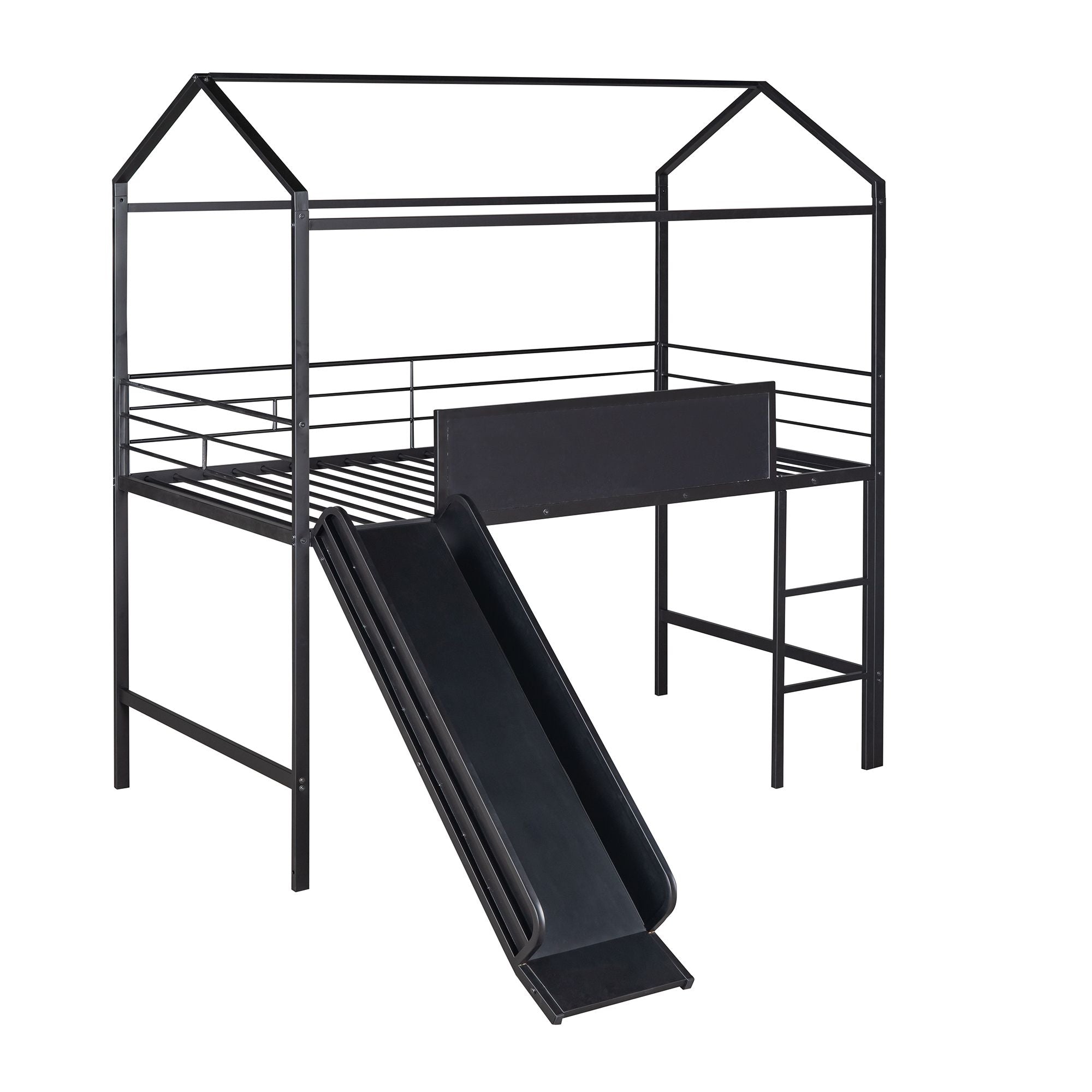Metal House Bed With Slide; Twin Size Metal Loft Bed with Two-sided writable Wooden Board