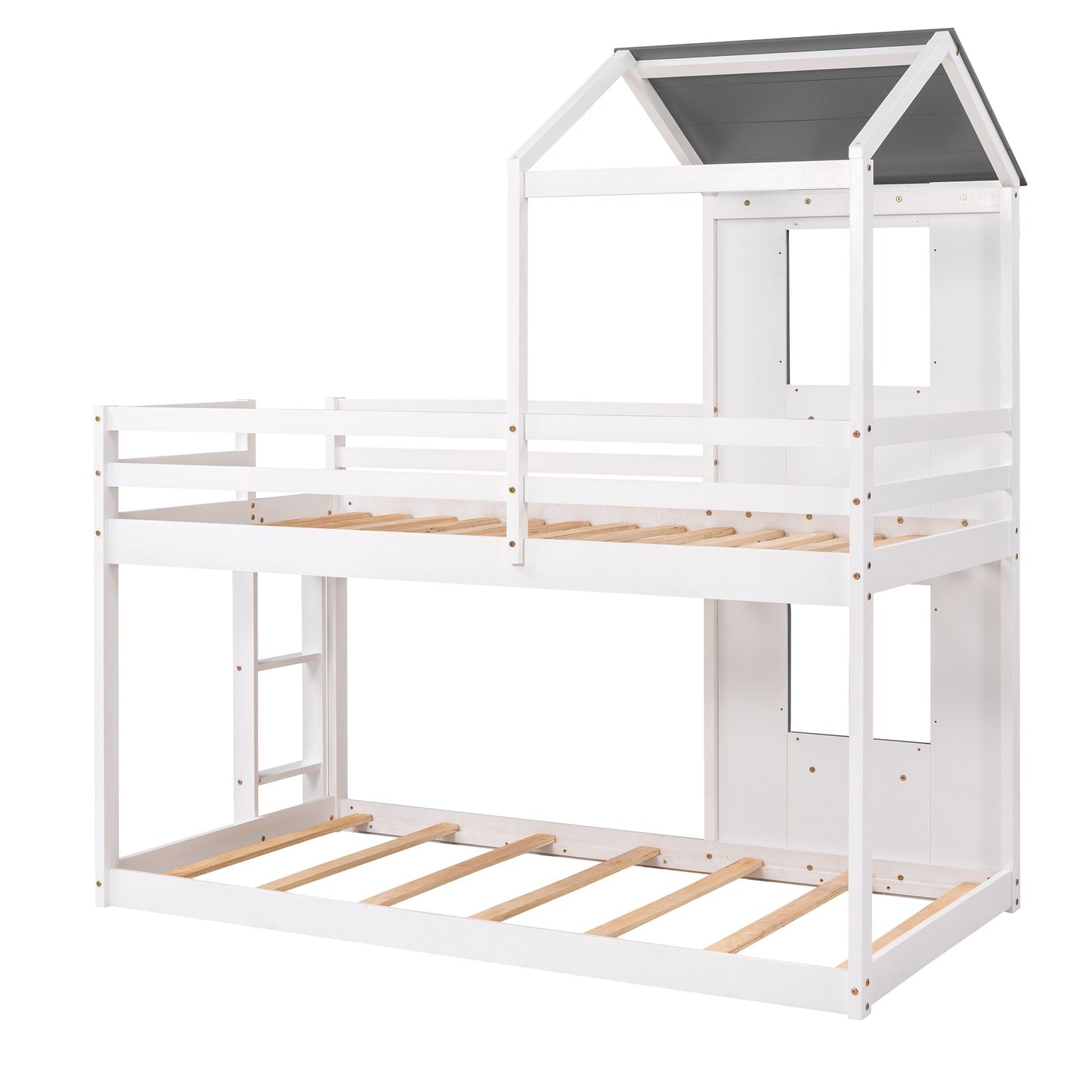 Twin Over Twin Bunk Bed Wood Bed with Roof; Window; Guardrail; Ladder