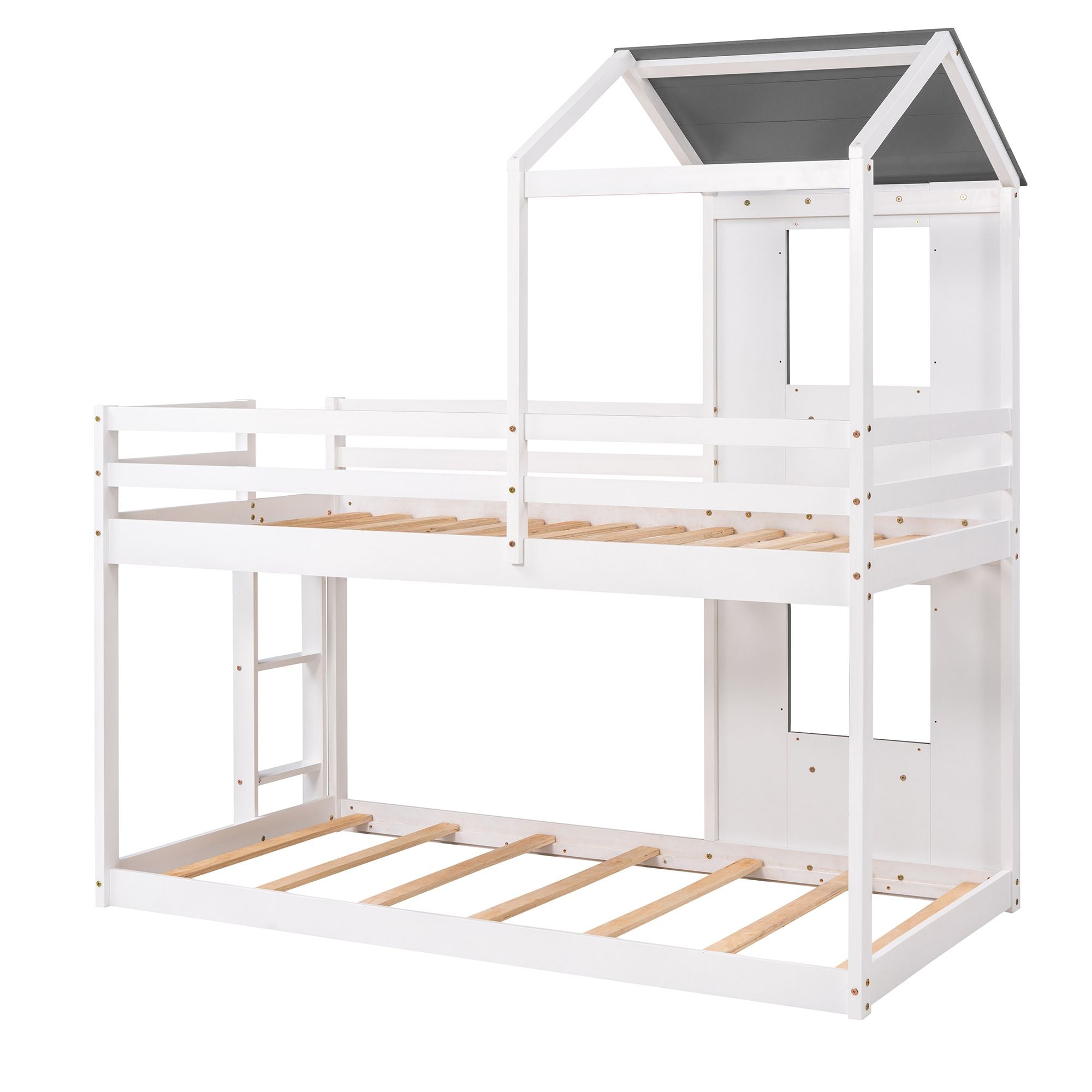 Twin Over Twin Bunk Bed Wood Bed with Roof; Window; Guardrail; Ladder