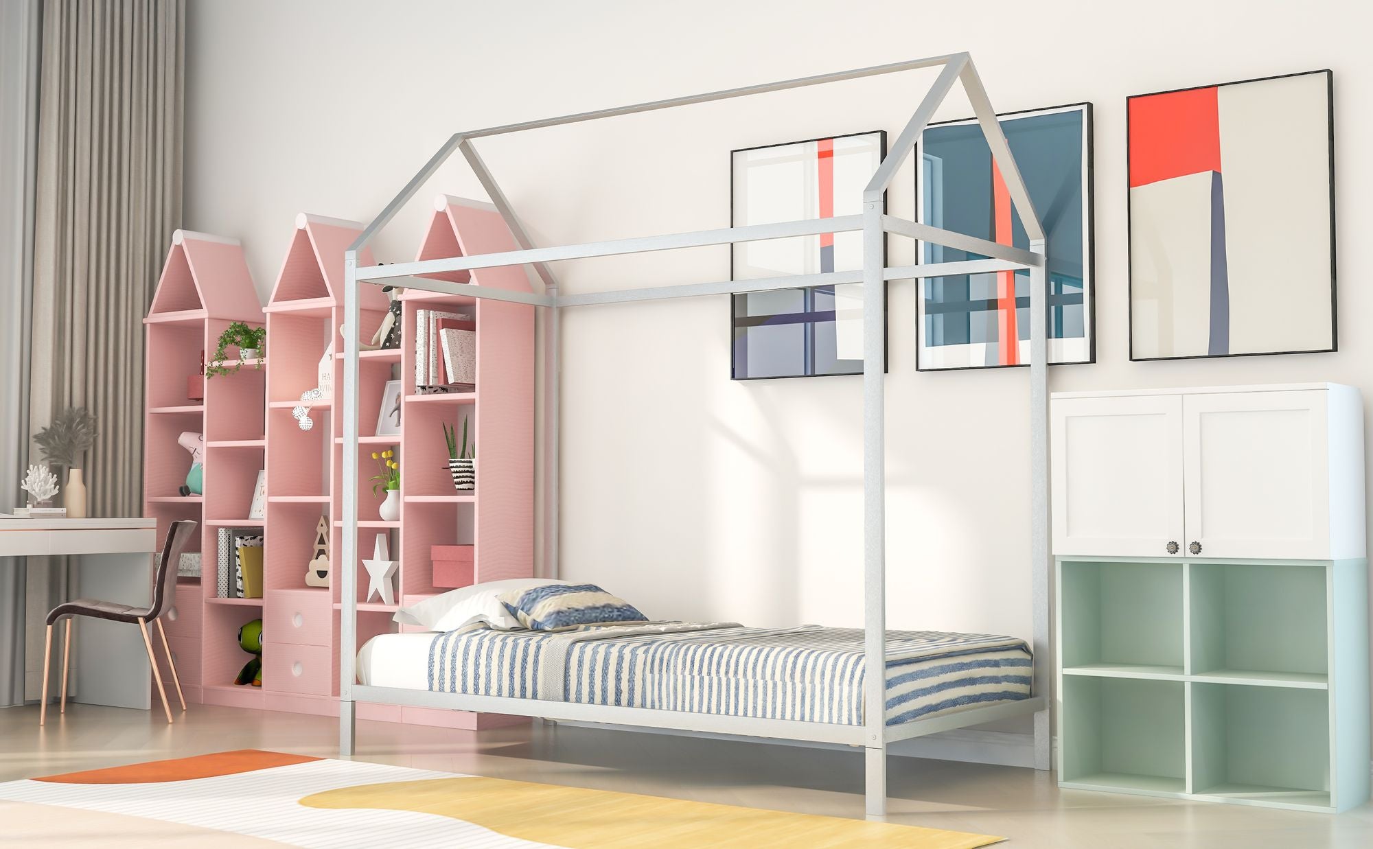 House Bed Frame Twin Size ; Kids Bed Frame Metal Platform Bed Floor Bed for Kids Boys Girls No Box Spring Needed