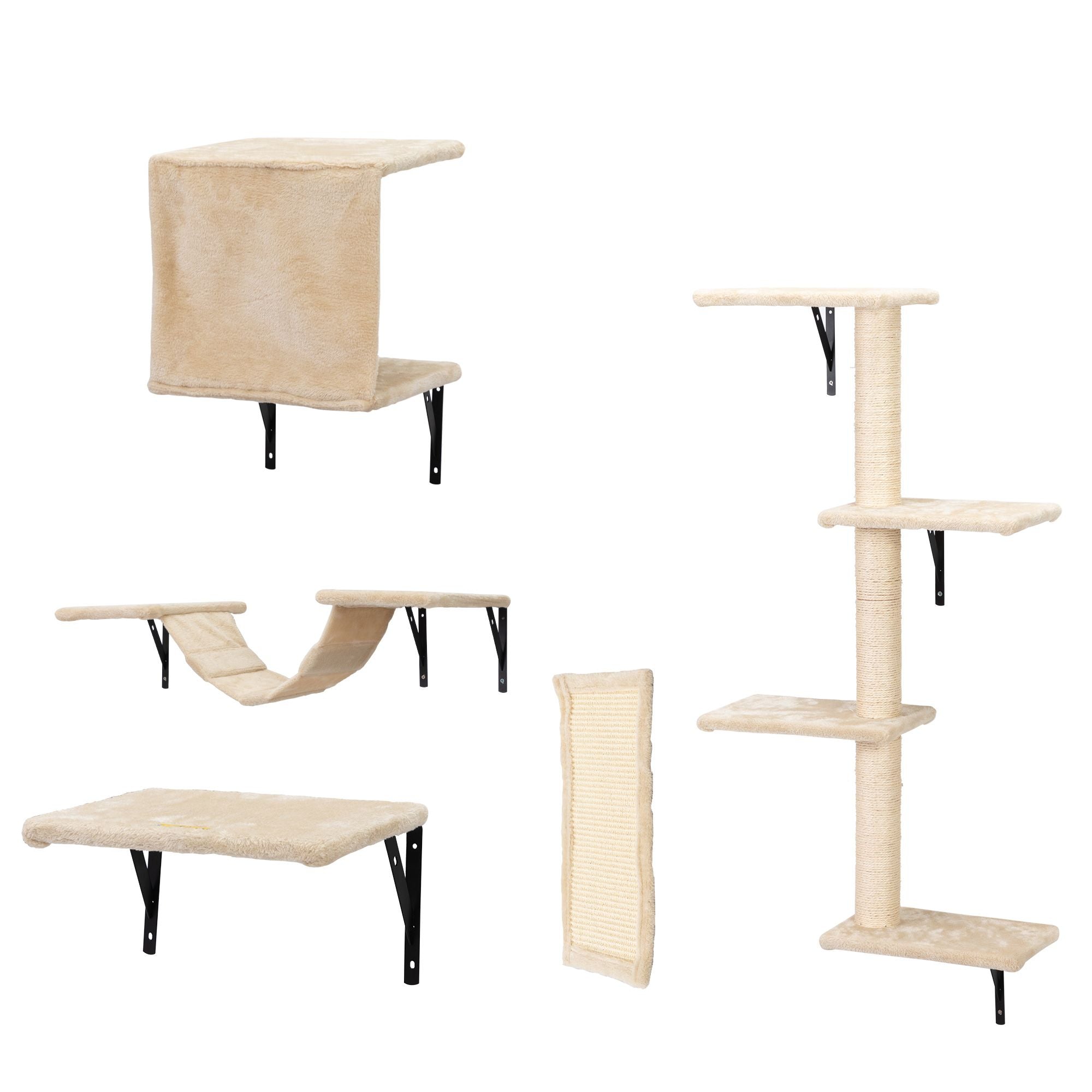 5 Pcs Wall Mounted Cat Climber Set; Floating Cat Shelves and Perches; Cat Activity Tree with Scratching Posts; Modern Cat Furniture