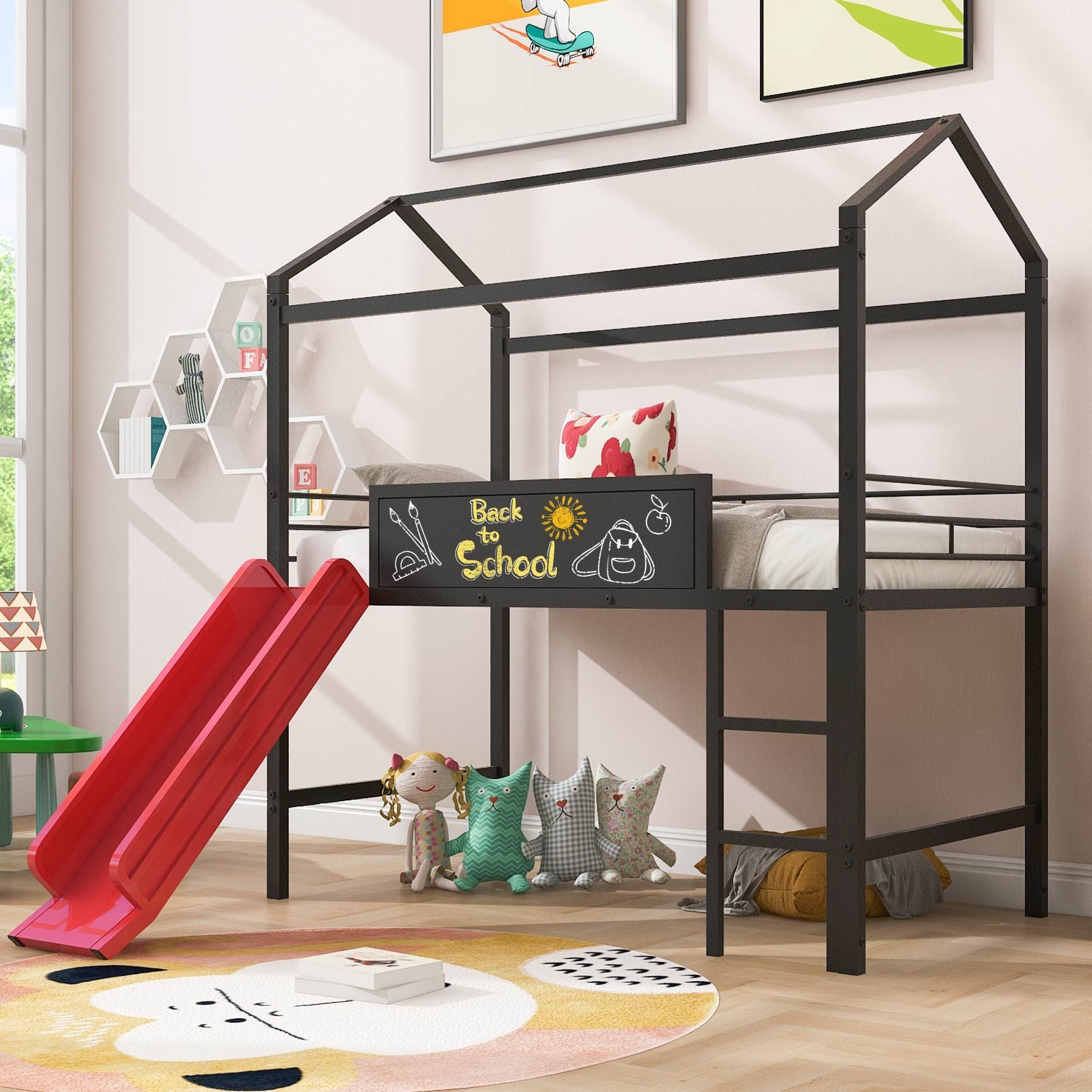 Metal House Bed With Slide; Twin Size Metal Loft Bed with Two-sided writable Wooden Board