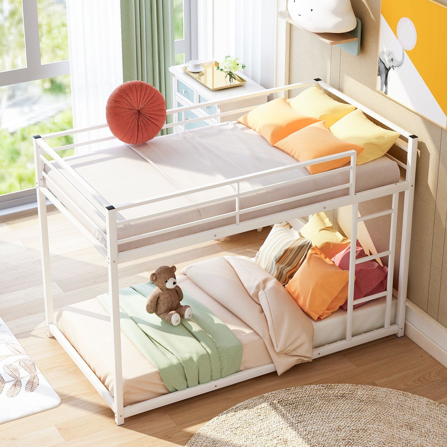 Twin over Twin Metal Bunk Bed; Low Bunk Bed with Ladder
