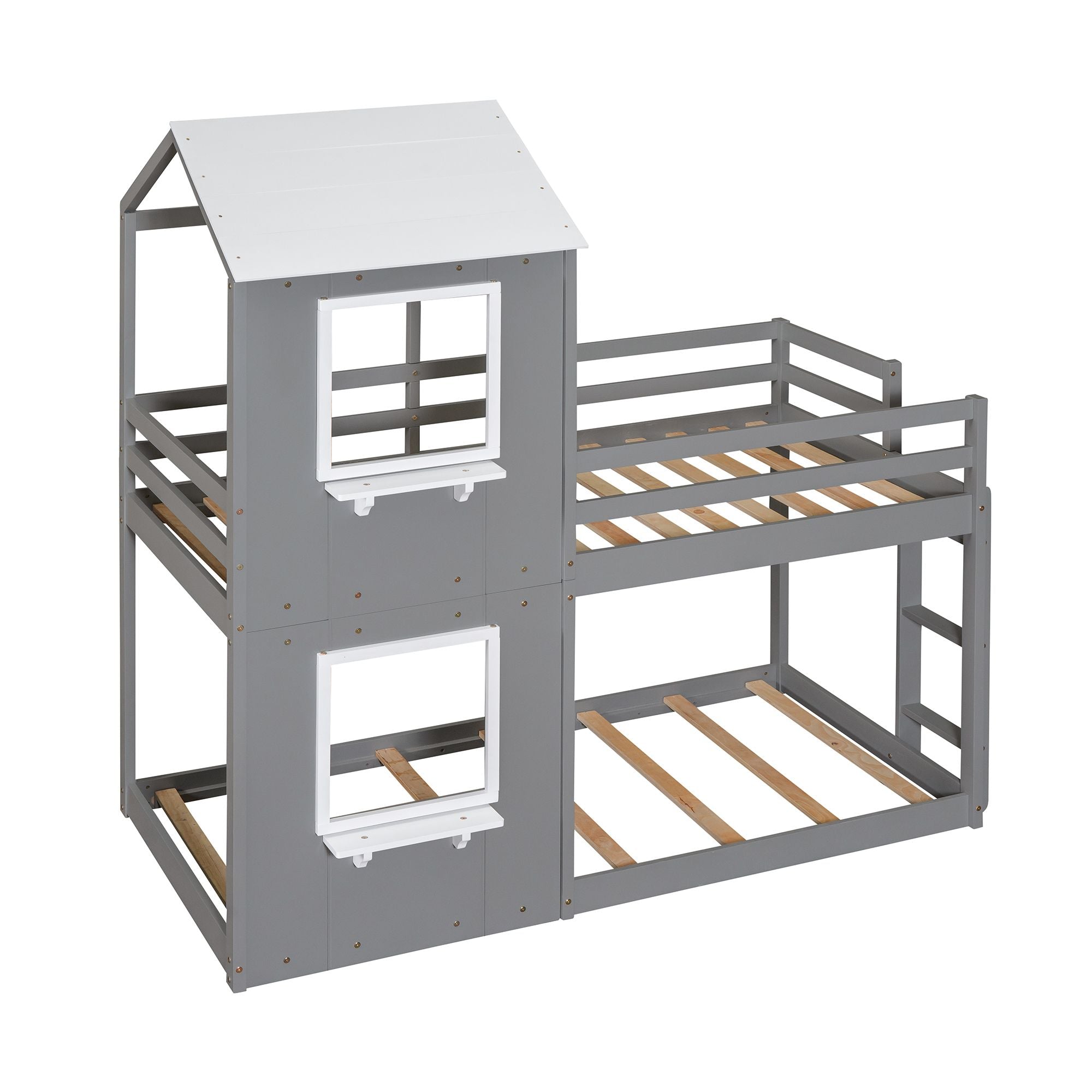 Twin Over Twin Bunk Bed Wood Bed with Roof; Window; Guardrail; Ladder