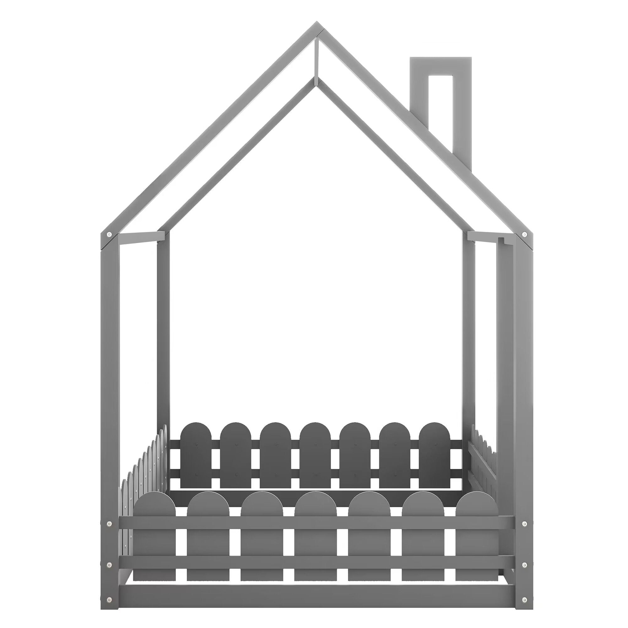 (Slats are not included) Full Size Wood Bed House Bed Frame with Fence; for Kids; Teens; Girls; Boys