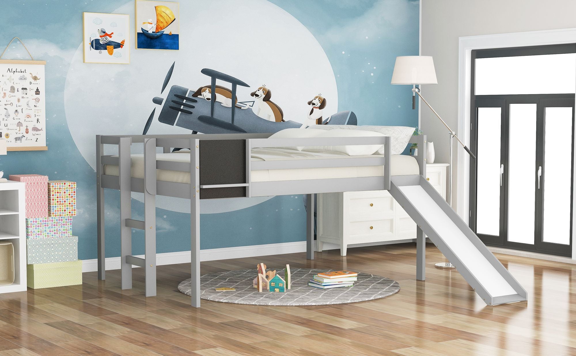 Full size Loft Bed Wood Bed with Slide; Stair and Chalkboard