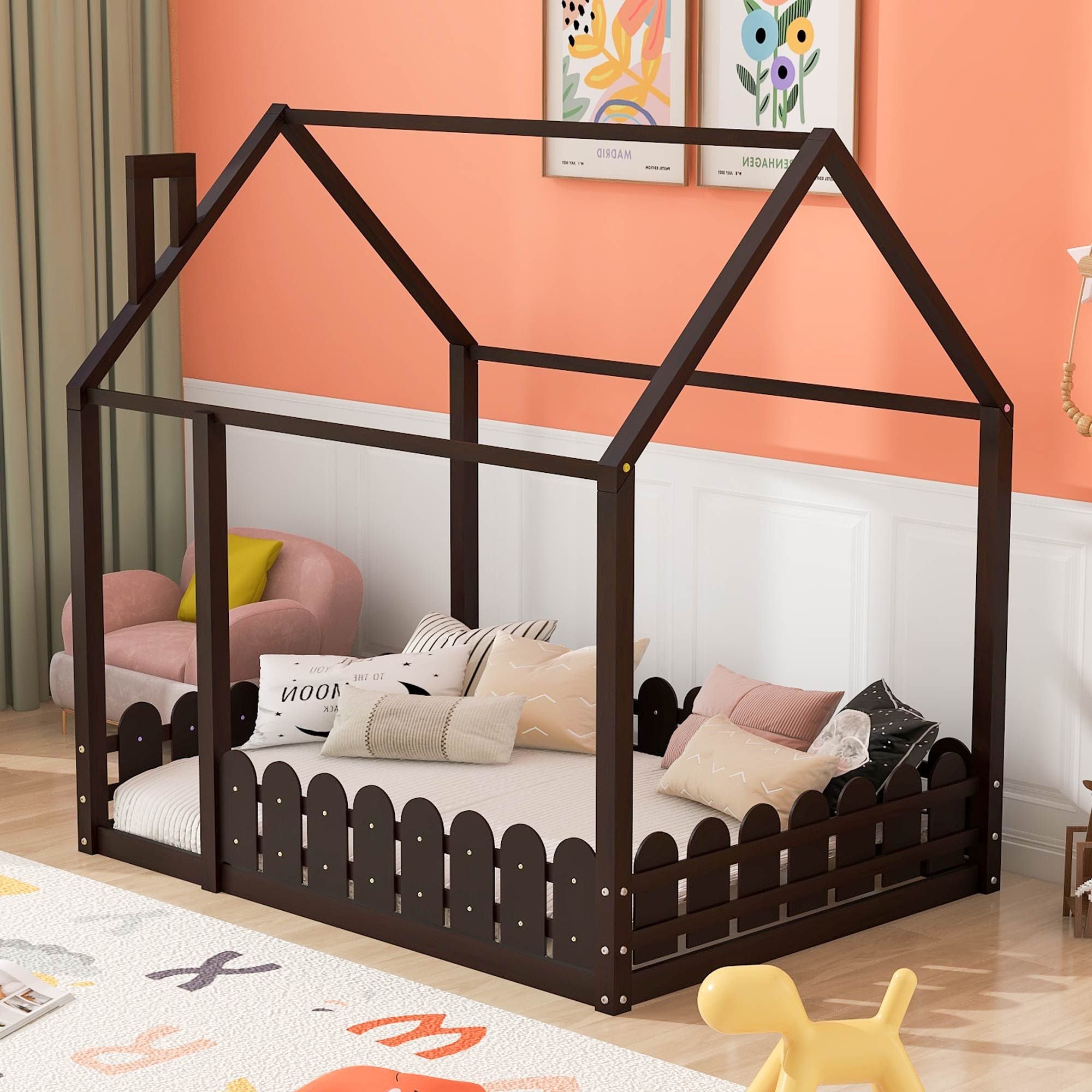 (Slats are not included) Full Size Wood Bed House Bed Frame with Fence; for Kids; Teens; Girls; Boys