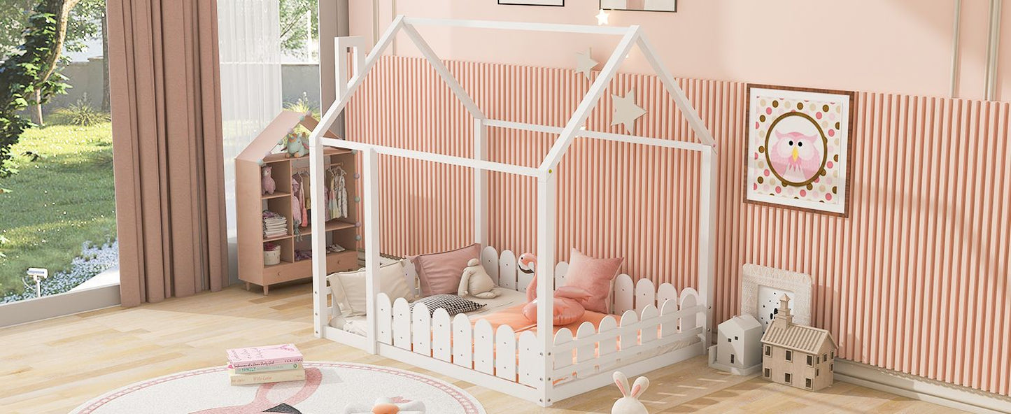 (Slats are not included) Full Size Wood Bed House Bed Frame with Fence; for Kids; Teens; Girls; Boys