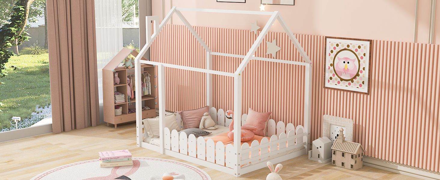 (Slats are not included) Full Size Wood Bed House Bed Frame with Fence; for Kids; Teens; Girls; Boys