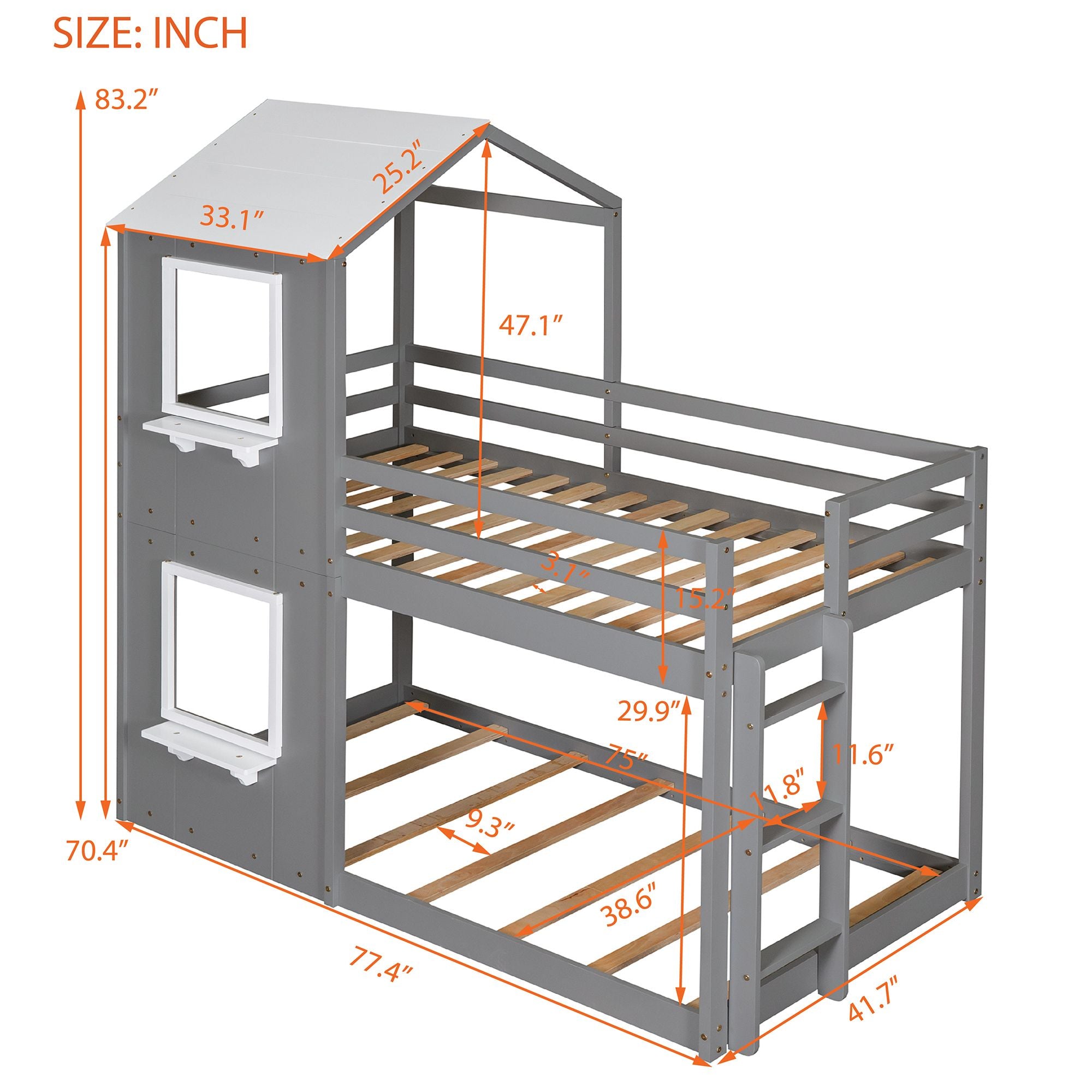 Twin Over Twin Bunk Bed Wood Bed with Roof; Window; Guardrail; Ladder