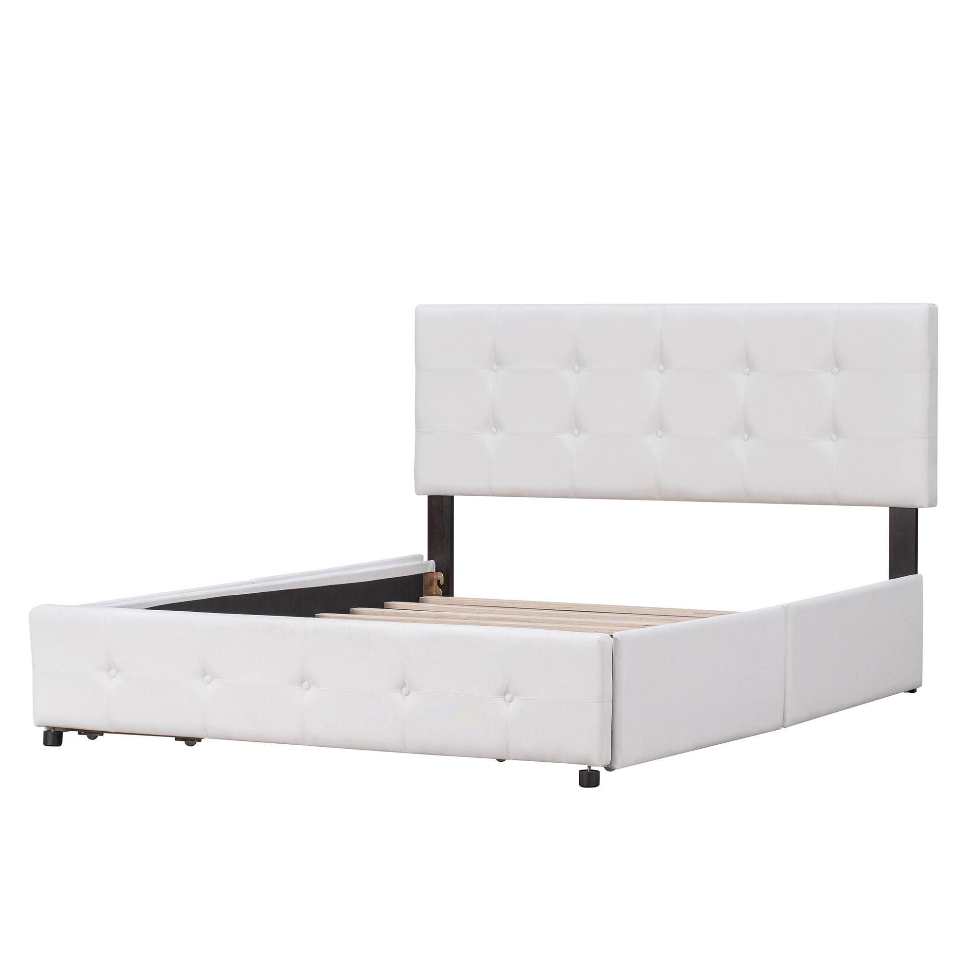 Upholstered Platform Bed with Classic Headboard and 4 Drawers; No Box Spring Needed; Linen Fabric; Queen Size