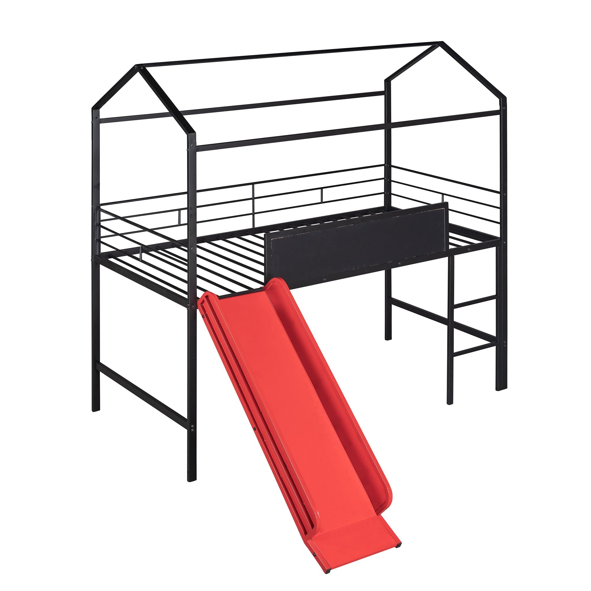 Metal House Bed With Slide; Twin Size Metal Loft Bed with Two-sided writable Wooden Board