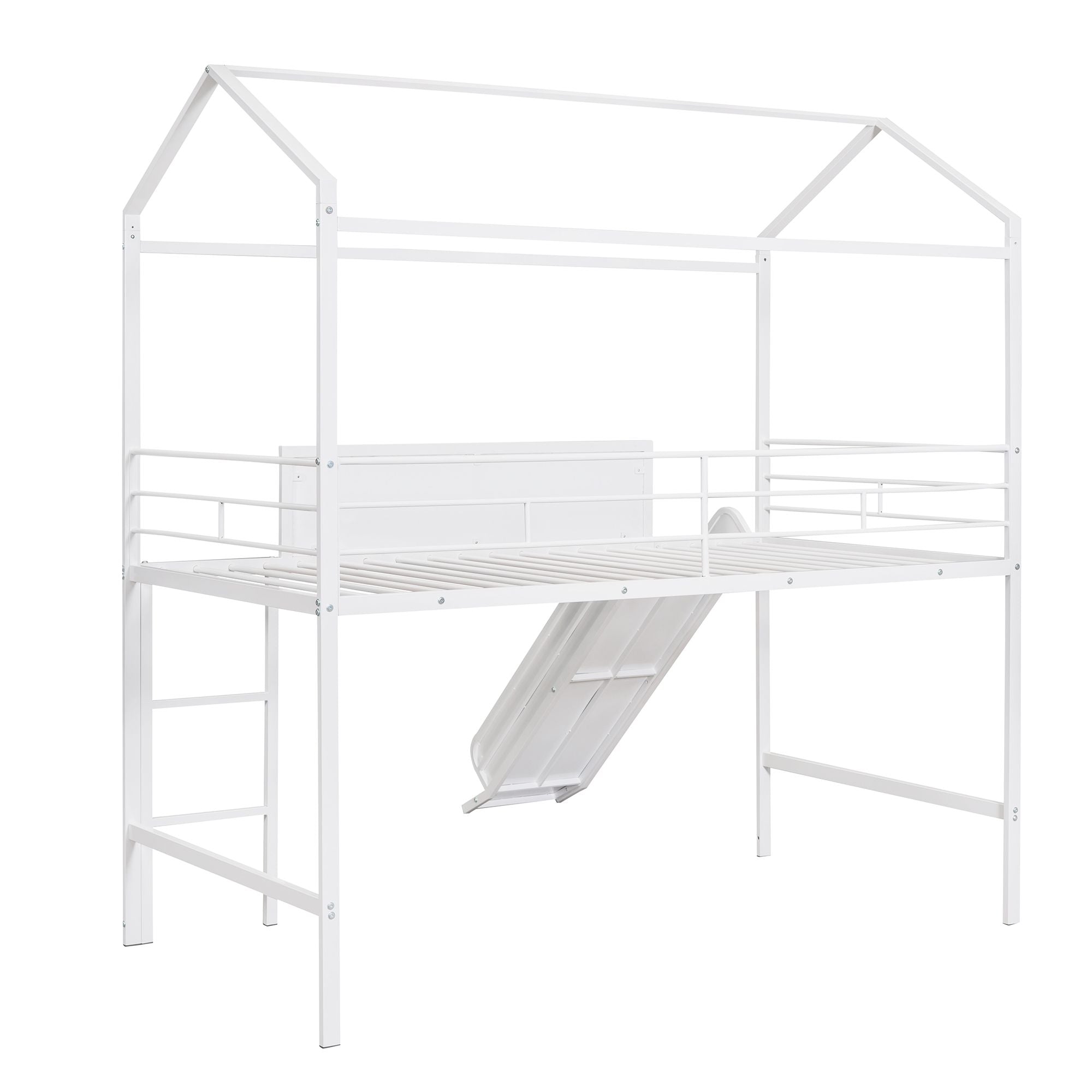 Metal House Bed With Slide; Twin Size Metal Loft Bed with Two-sided writable Wooden Board