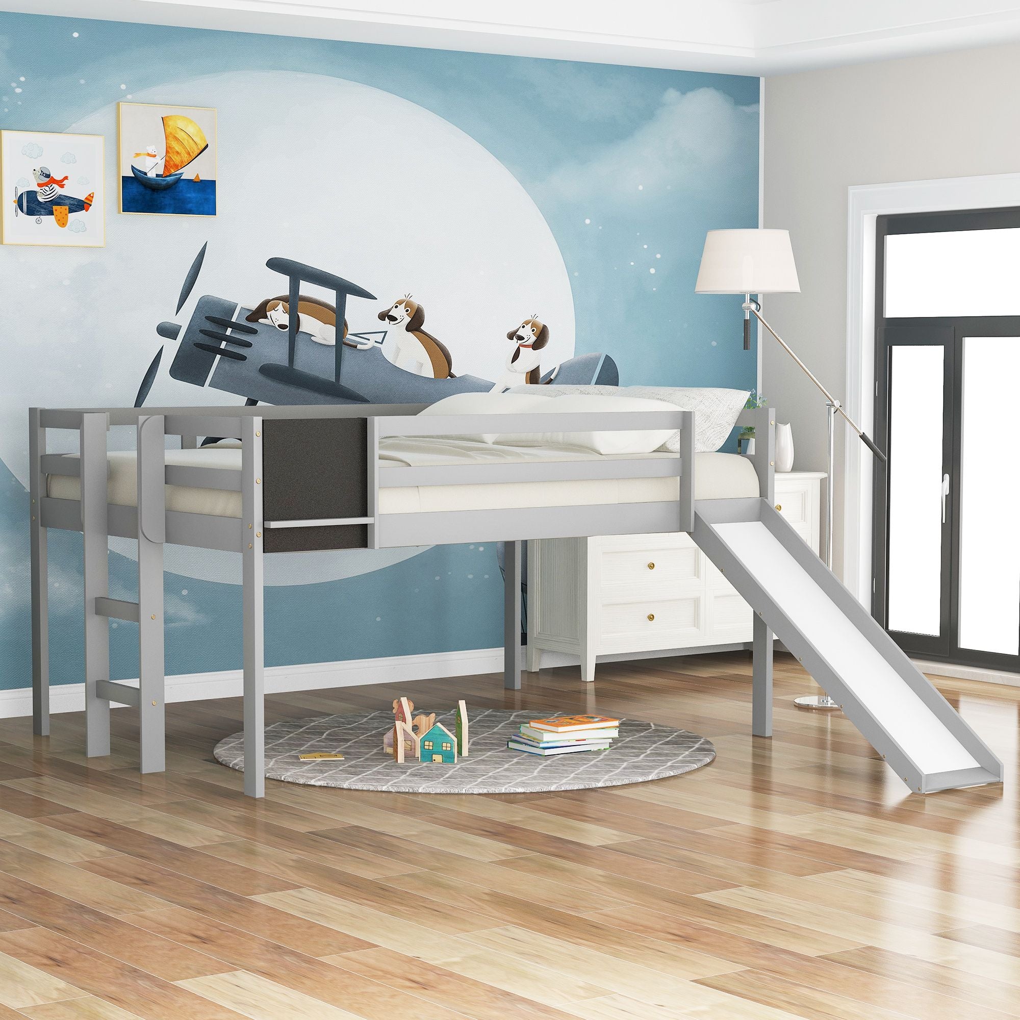 Full size Loft Bed Wood Bed with Slide; Stair and Chalkboard