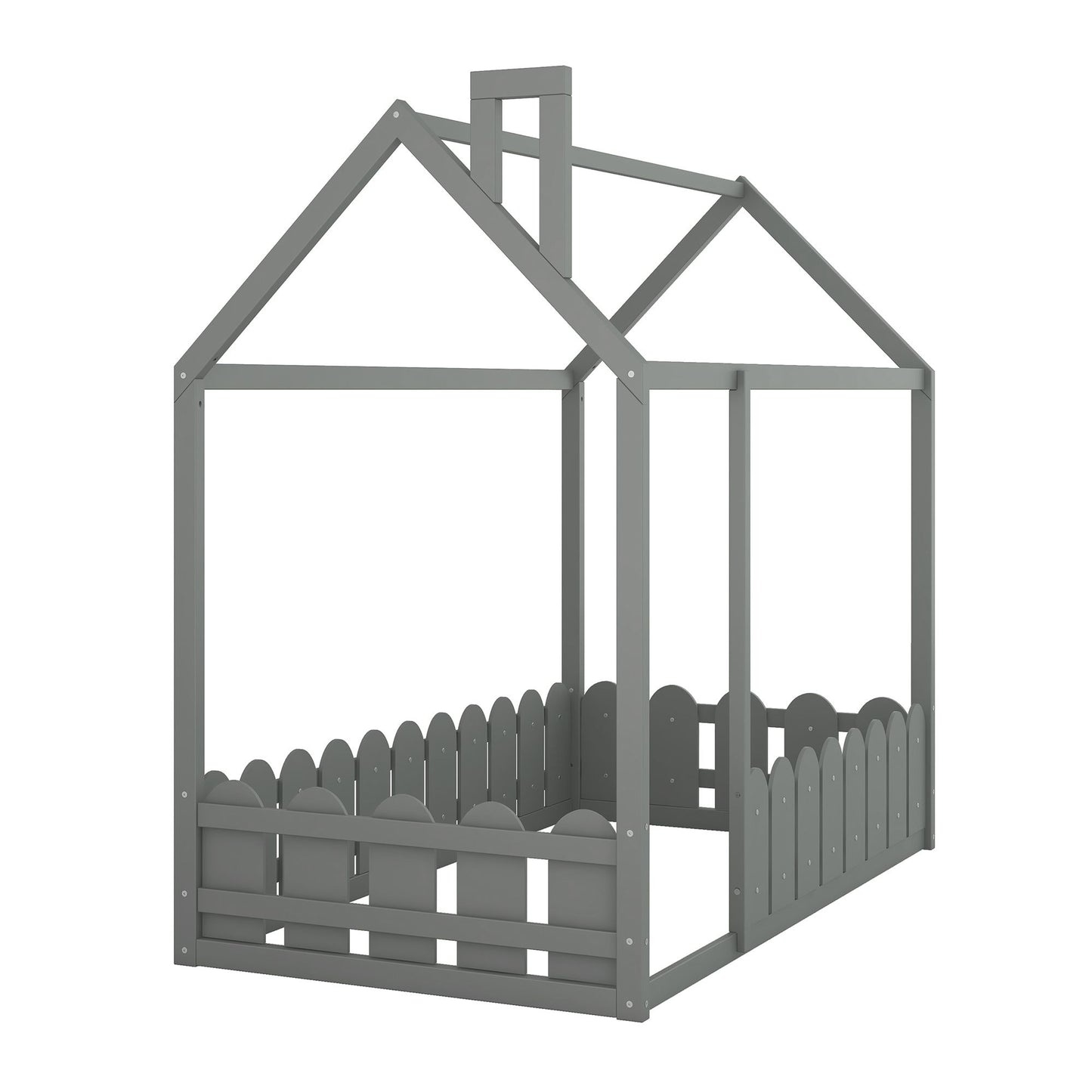 (Slats are not included) Twin Size Wood Bed House Bed Frame with Fence; for Kids; Teens; Girls; Boys