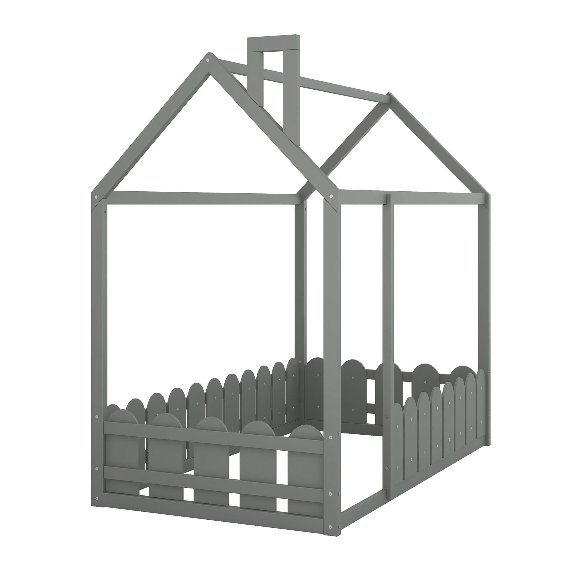 (Slats are not included) Twin Size Wood Bed House Bed Frame with Fence; for Kids; Teens; Girls; Boys
