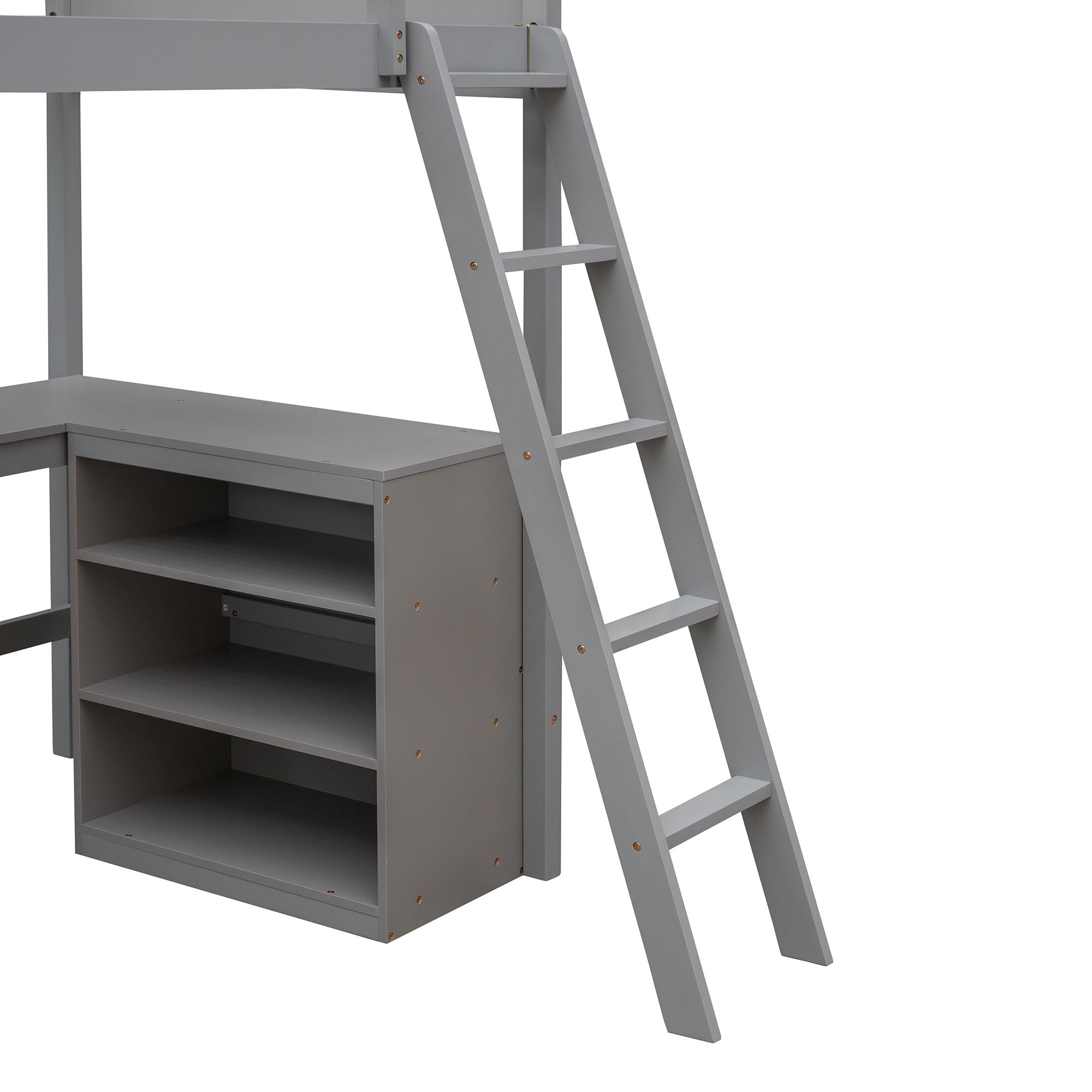 Twin size Loft Bed with Shelves and Desk; Wooden Loft Bed with Desk