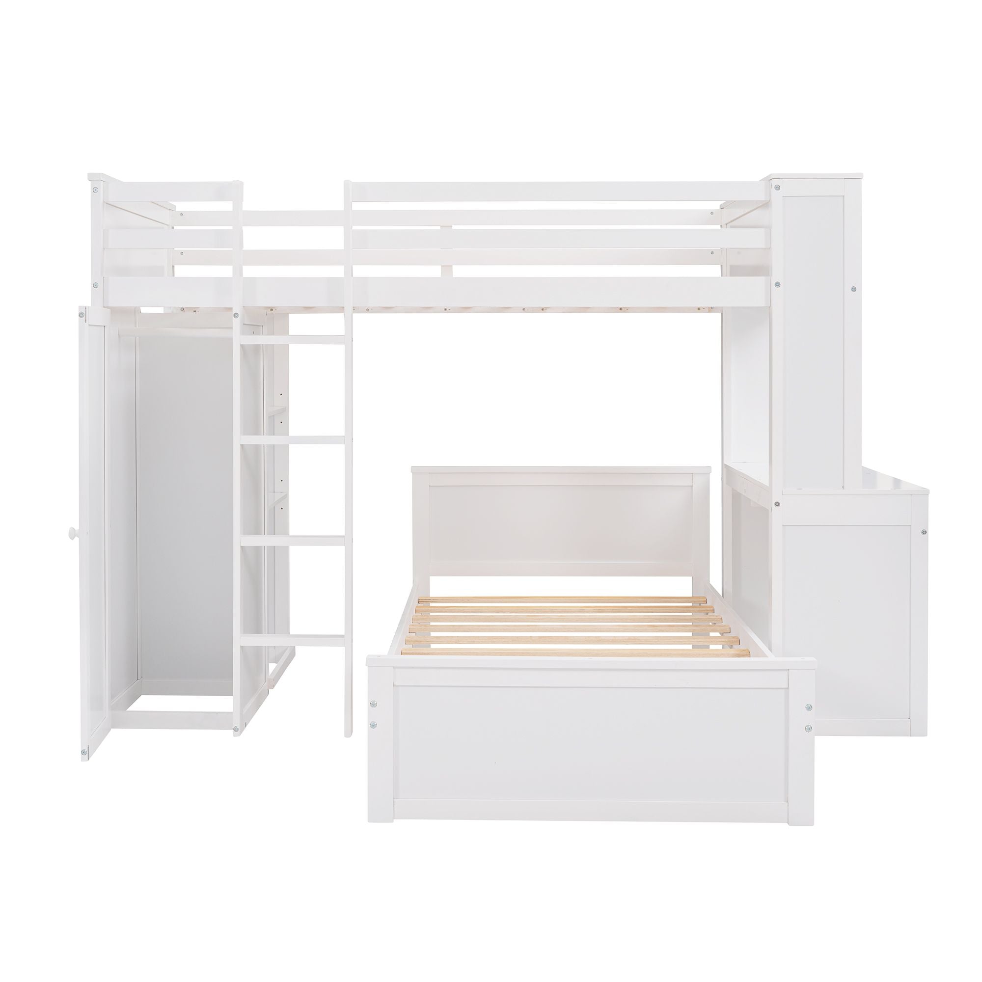 Twin size Loft Bed with a Stand-alone bed; Shelves; Desk; and Wardrobe