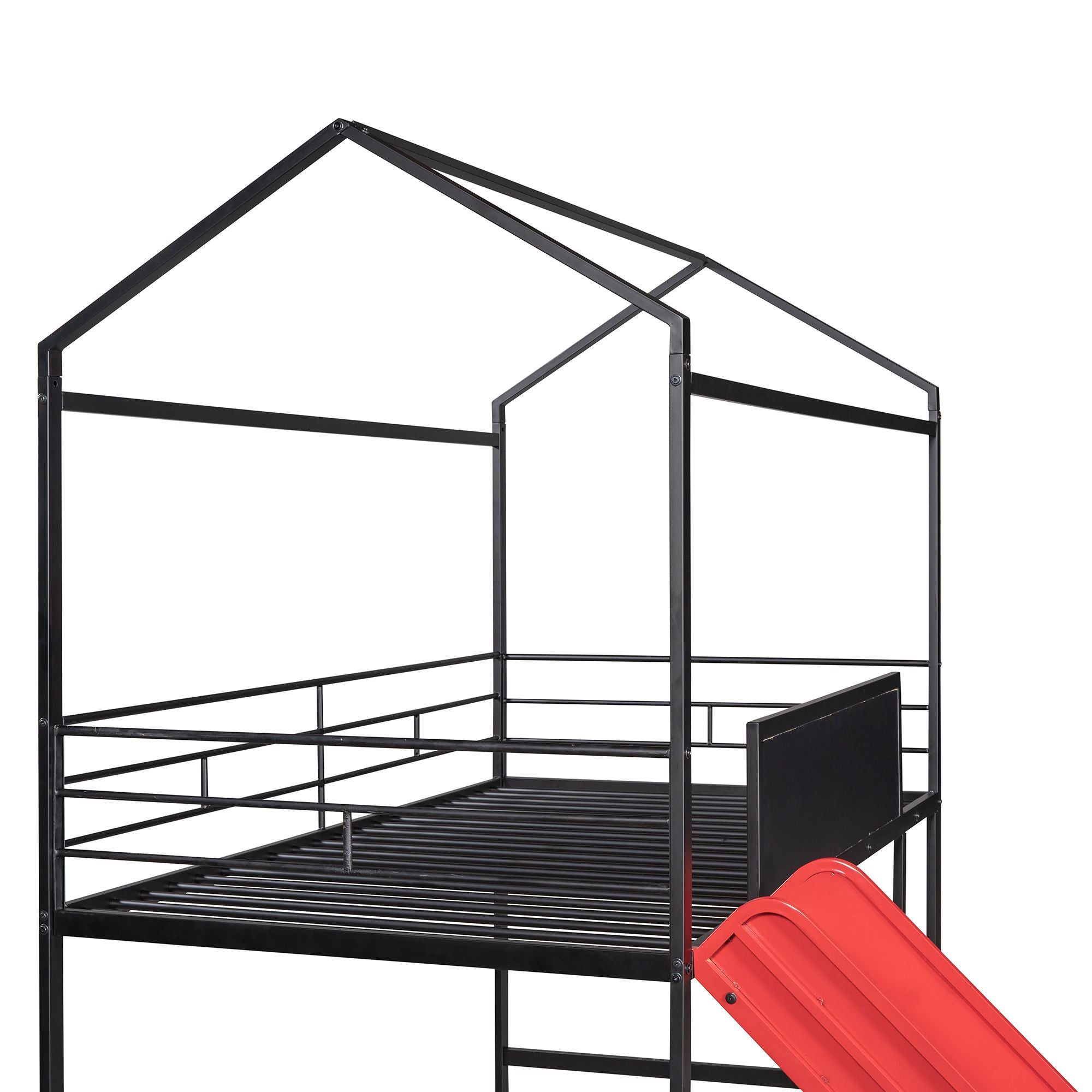 Metal House Bed With Slide; Twin Size Metal Loft Bed with Two-sided writable Wooden Board