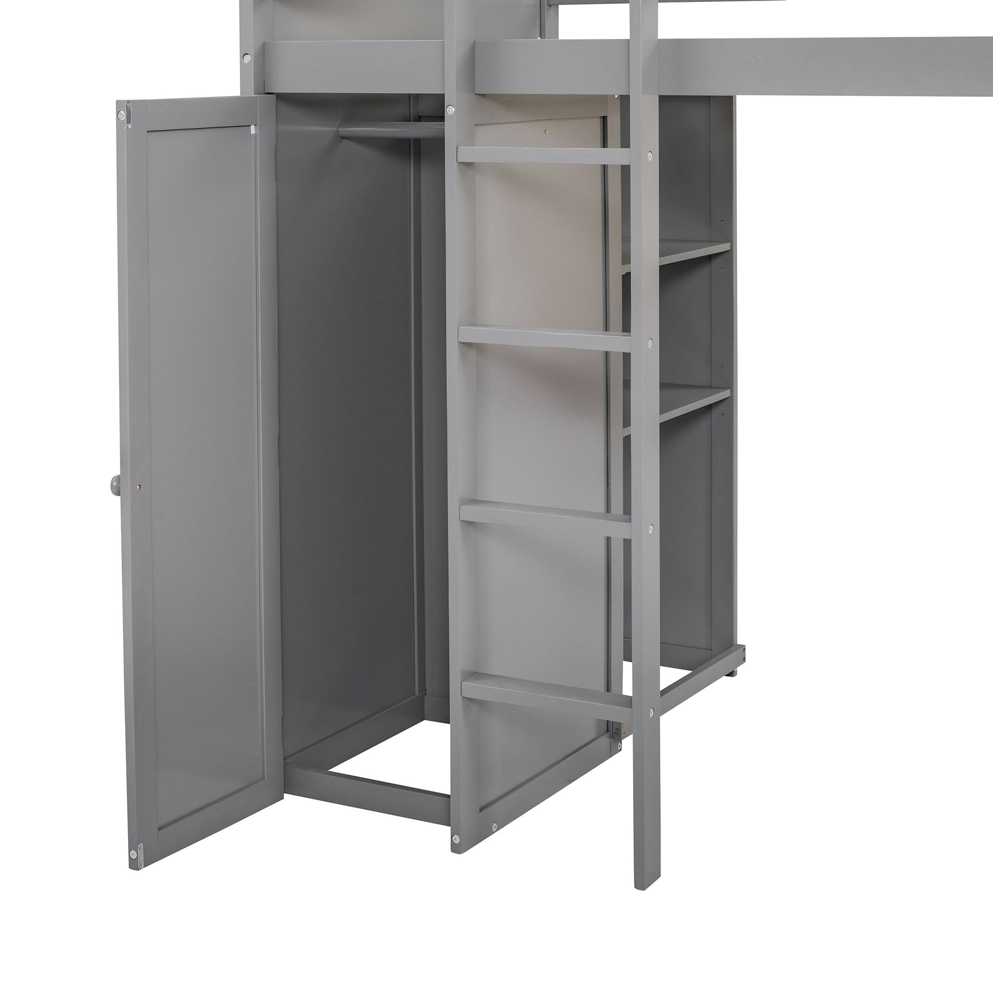 Twin size Loft Bed with a Stand-alone bed; Shelves; Desk; and Wardrobe