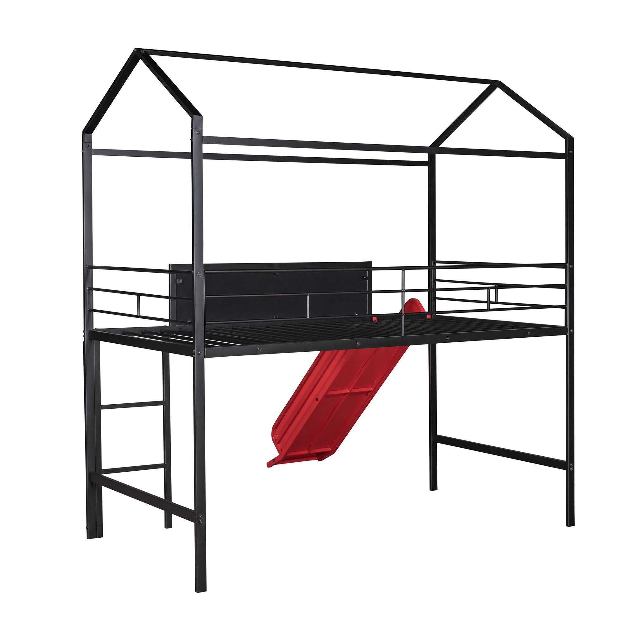 Metal House Bed With Slide; Twin Size Metal Loft Bed with Two-sided writable Wooden Board
